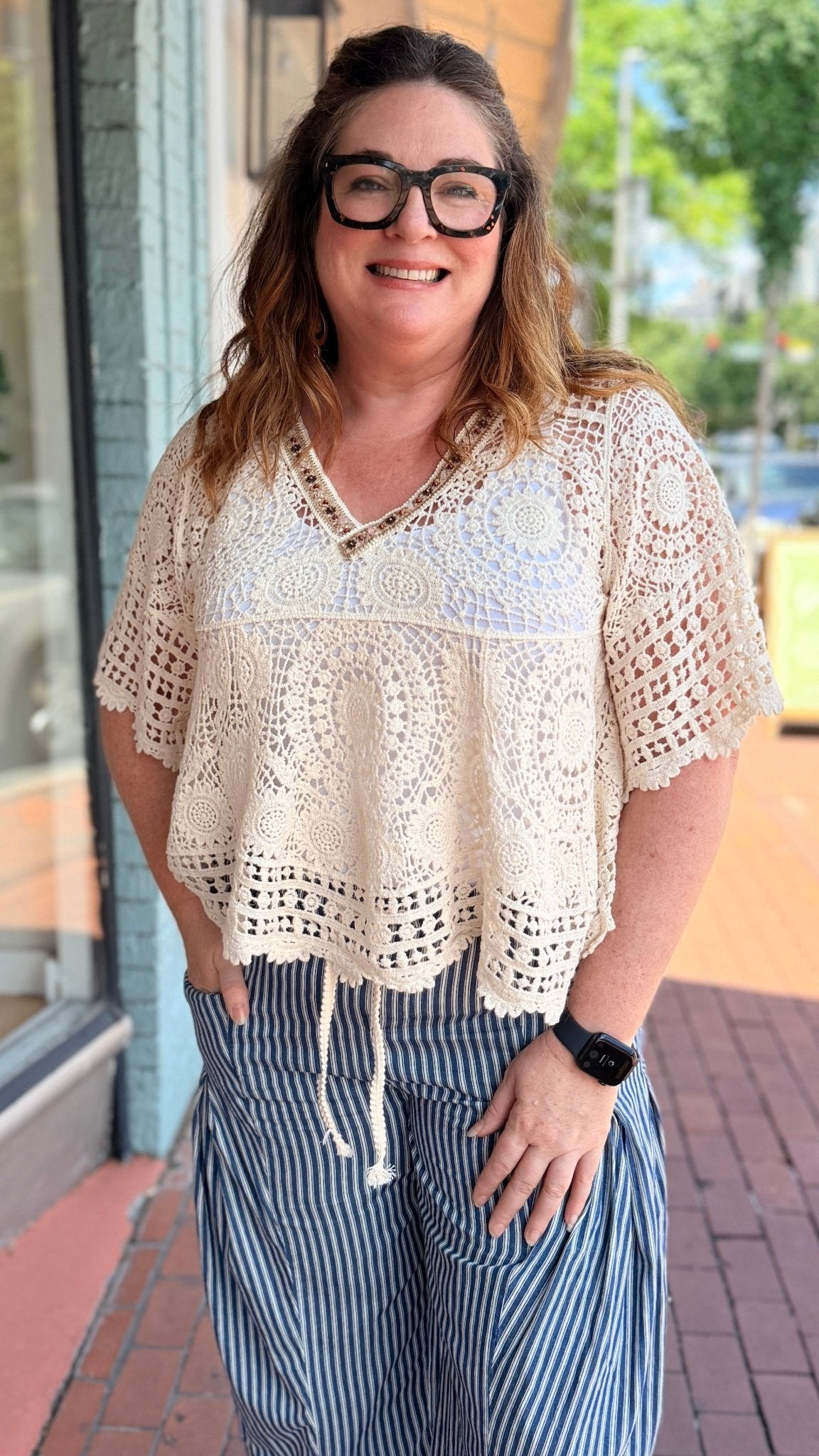 Cream Crochet Top with Beaded Neckline - Rebecca James Clothing
