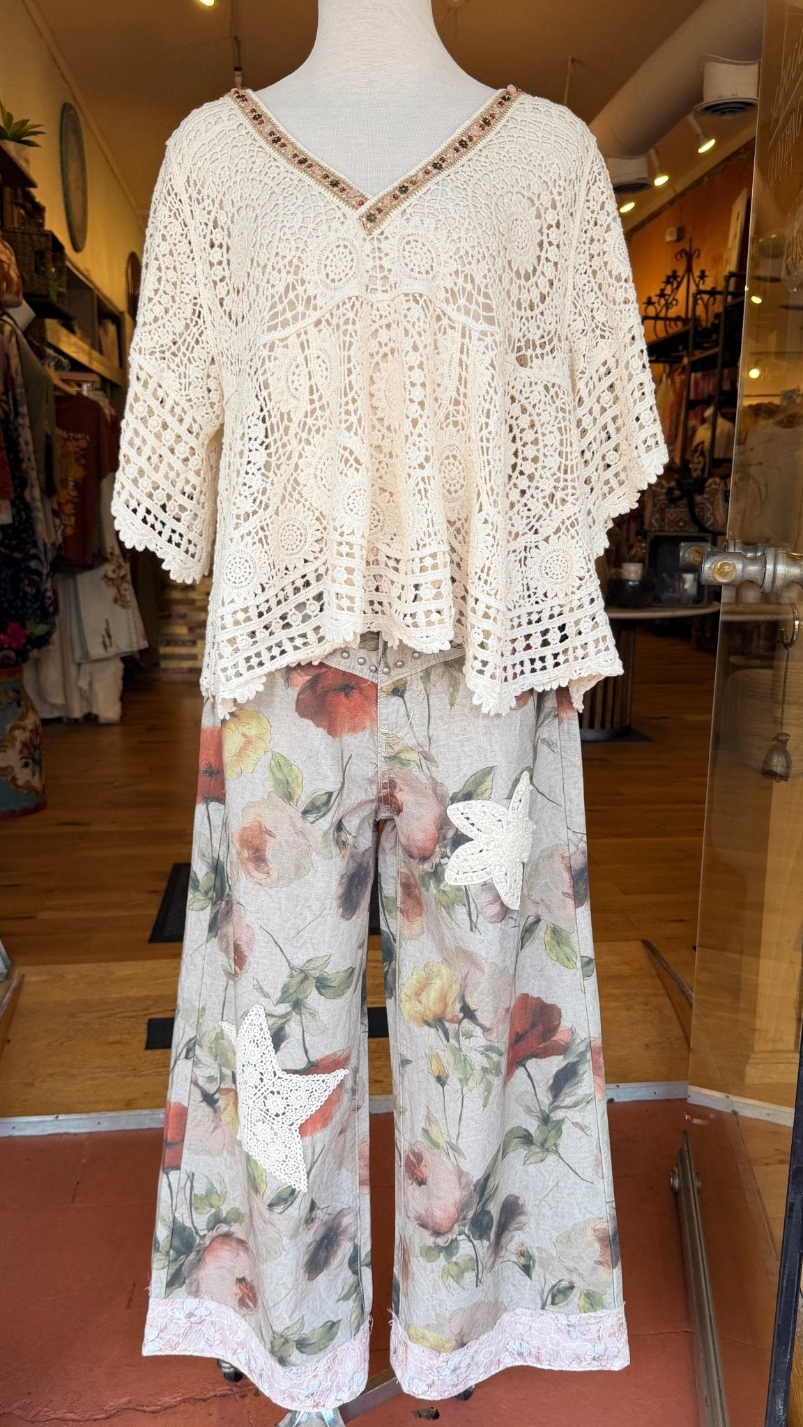 Cream Crochet Top with Beaded Neckline - Rebecca James Clothing
