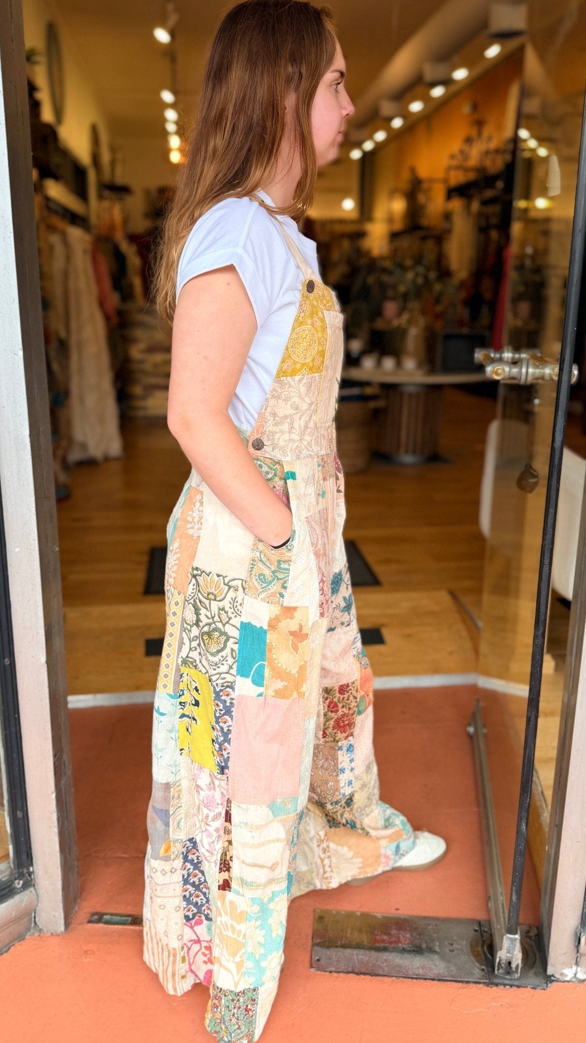 Cream Mixed Fabric Boho Patchwork Overalls - Rebecca James Clothing