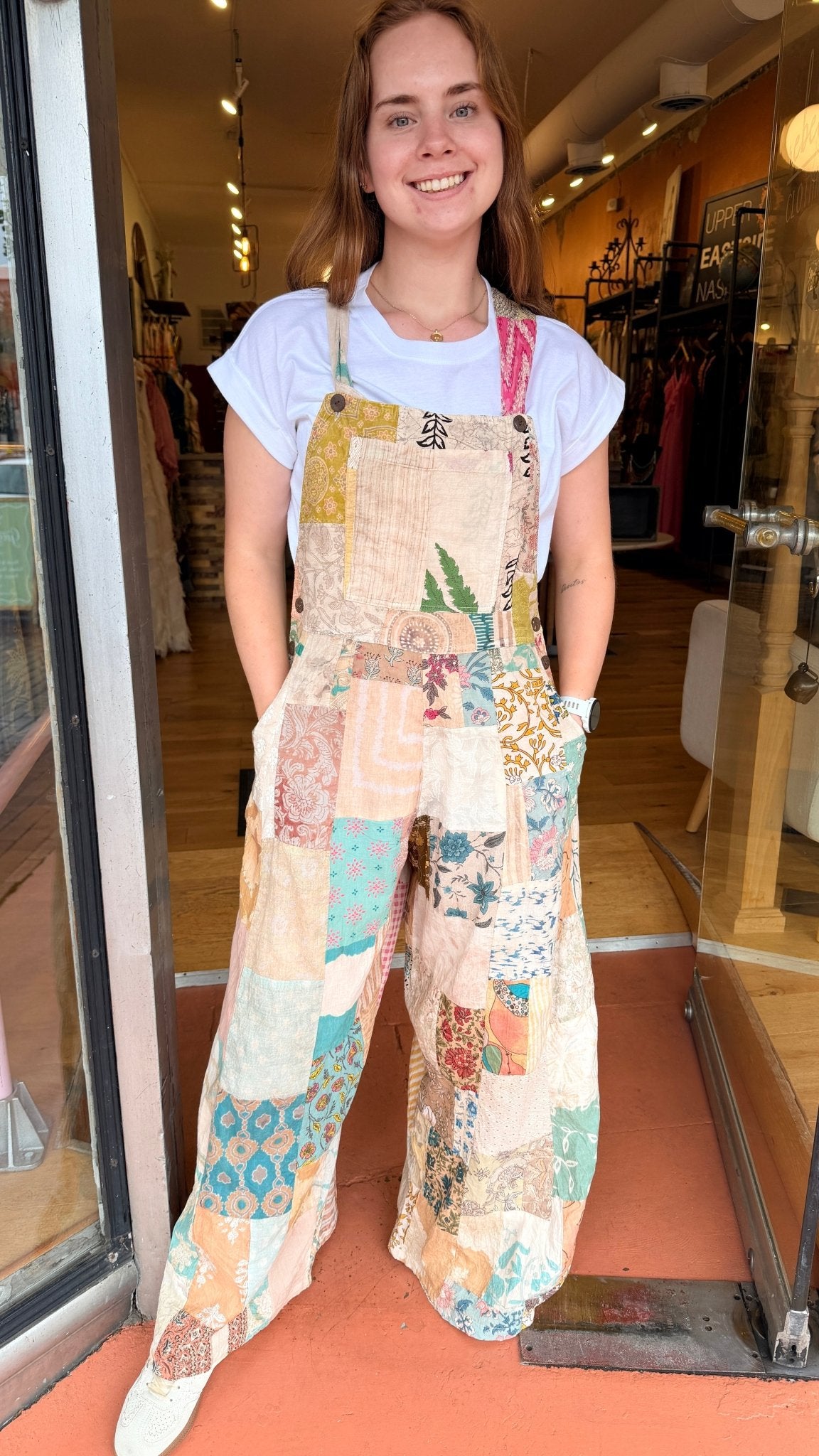 Cream Mixed Fabric Boho Patchwork Overalls - Rebecca James Clothing