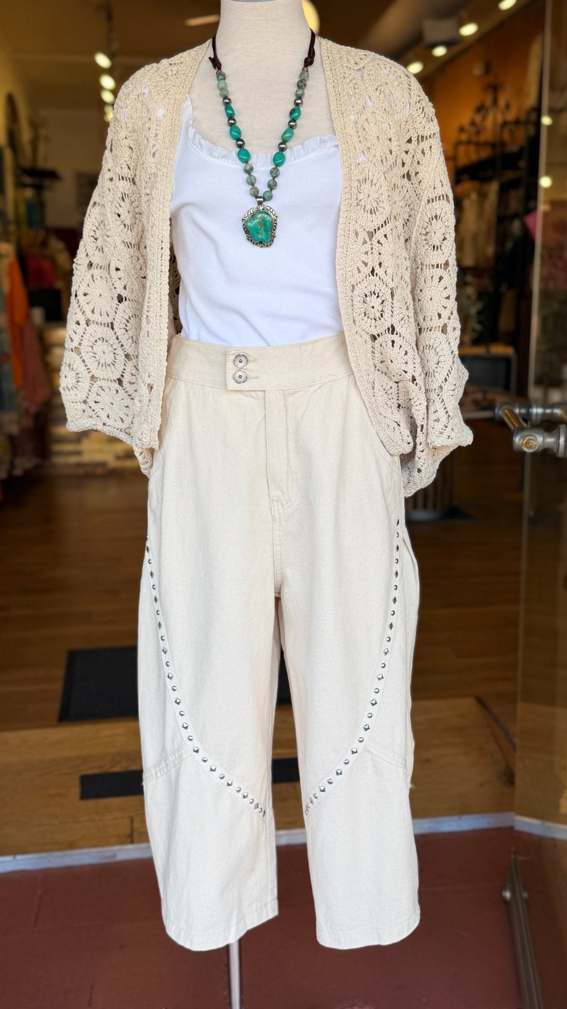 Cream Studded Wide - Leg Relaxed Cropped Pants - Rebecca James Clothing