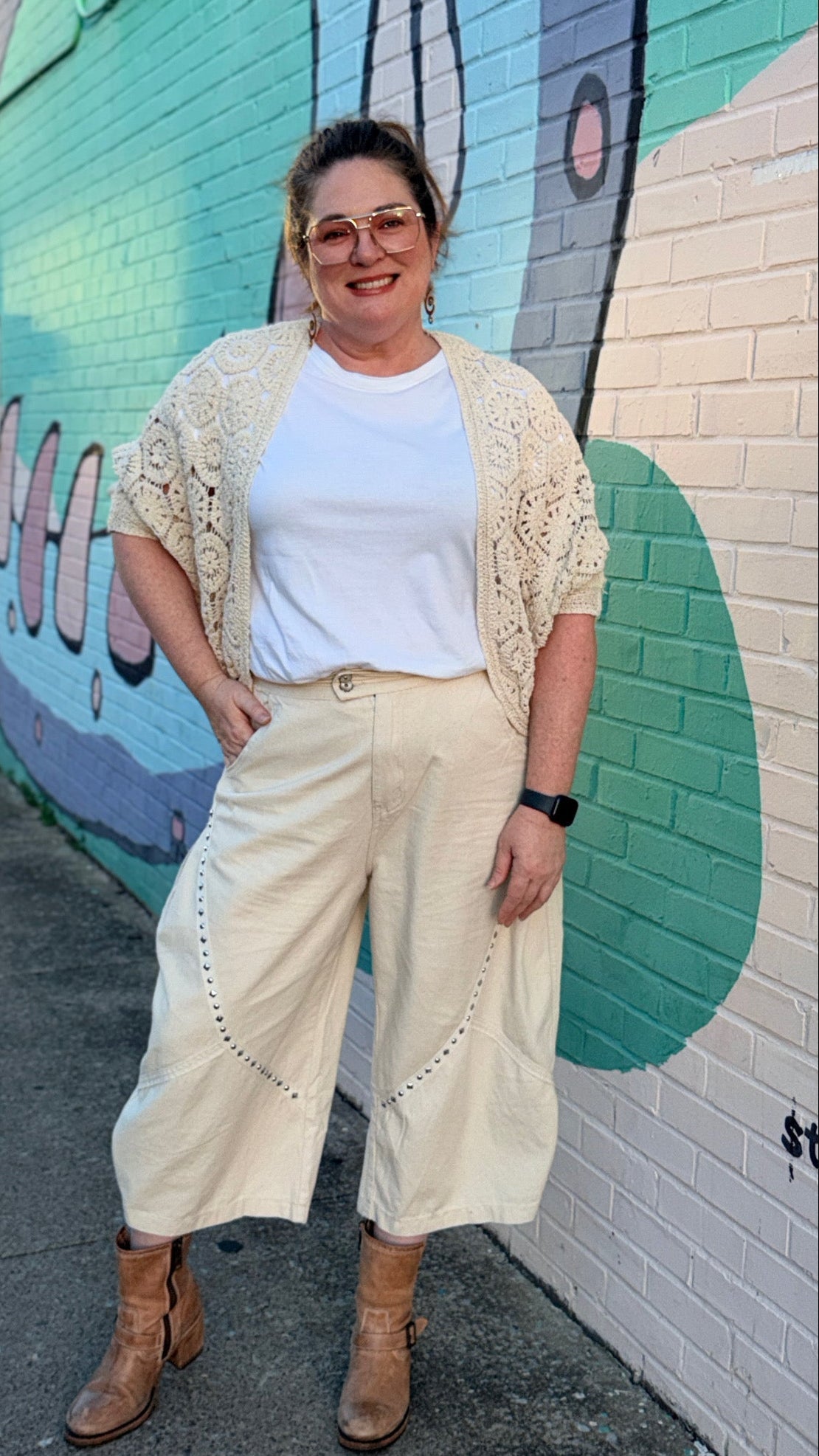 Cream Studded Wide - Leg Relaxed Cropped Pants - Rebecca James Clothing