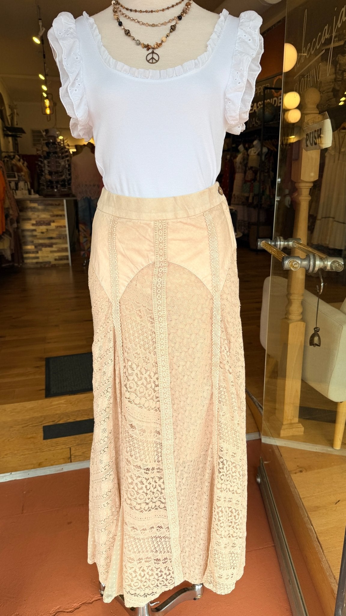 Cream Vintage Wash Boho Lace Maxi Skirt - Rebecca James Clothing