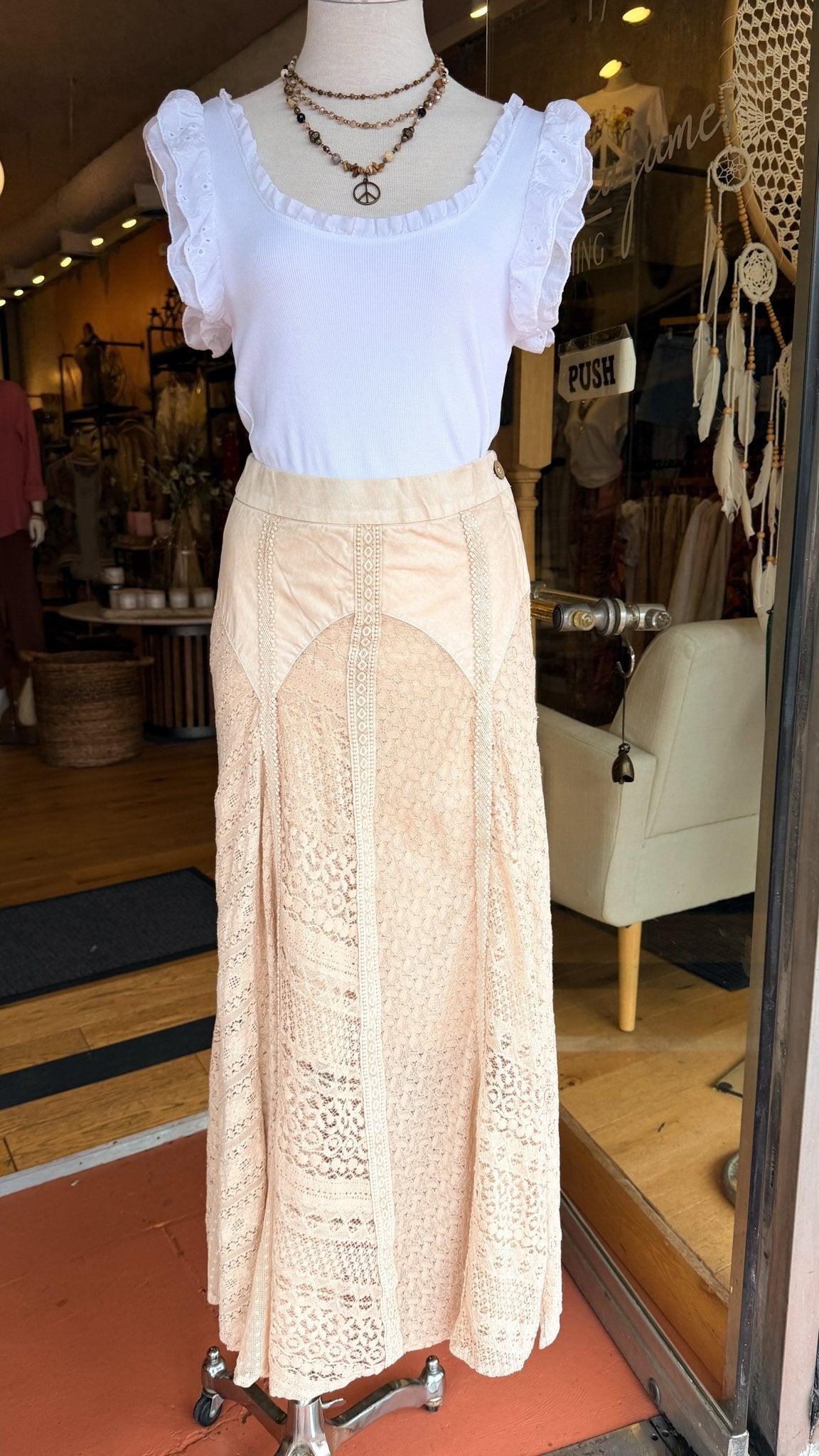 Cream Vintage Wash Boho Lace Maxi Skirt - Rebecca James Clothing