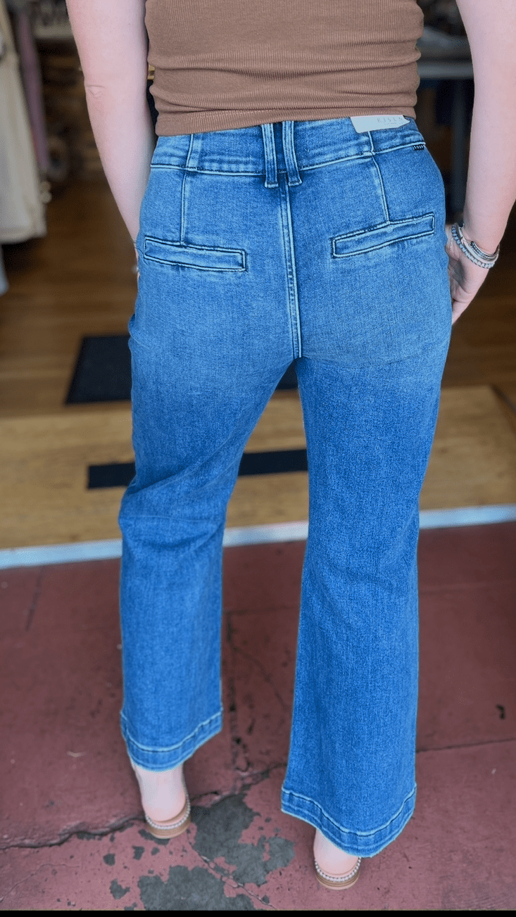 Dark Wash High Rise Crop Boot Cut Jeans - Rebecca James Clothing