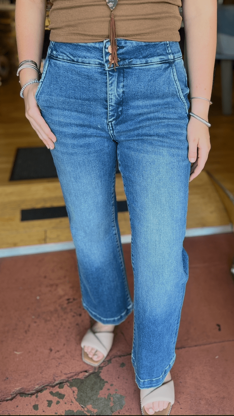 Dark Wash High Rise Crop Boot Cut Jeans - Rebecca James Clothing