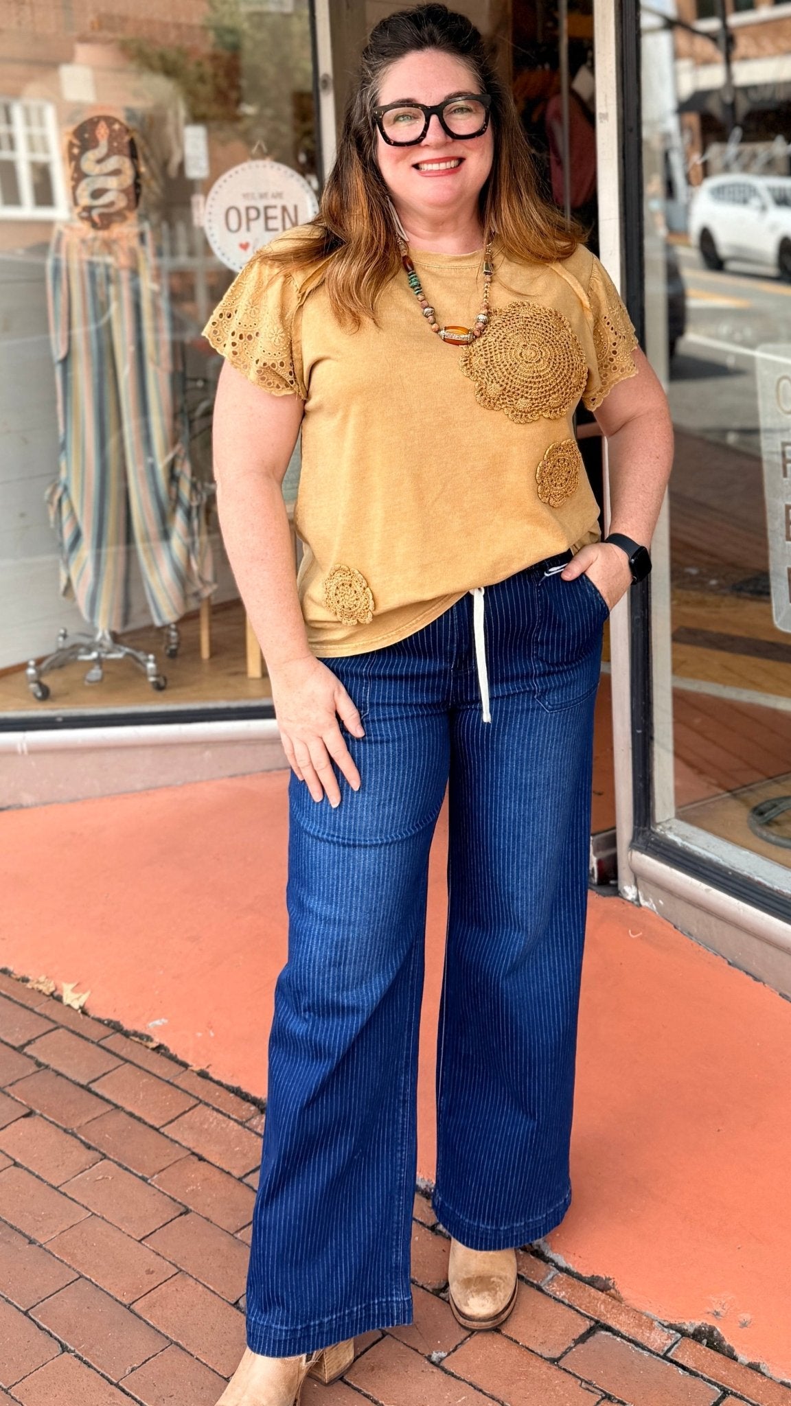 Dark Wash Stripe Wide Leg Jeans - Rebecca James Clothing