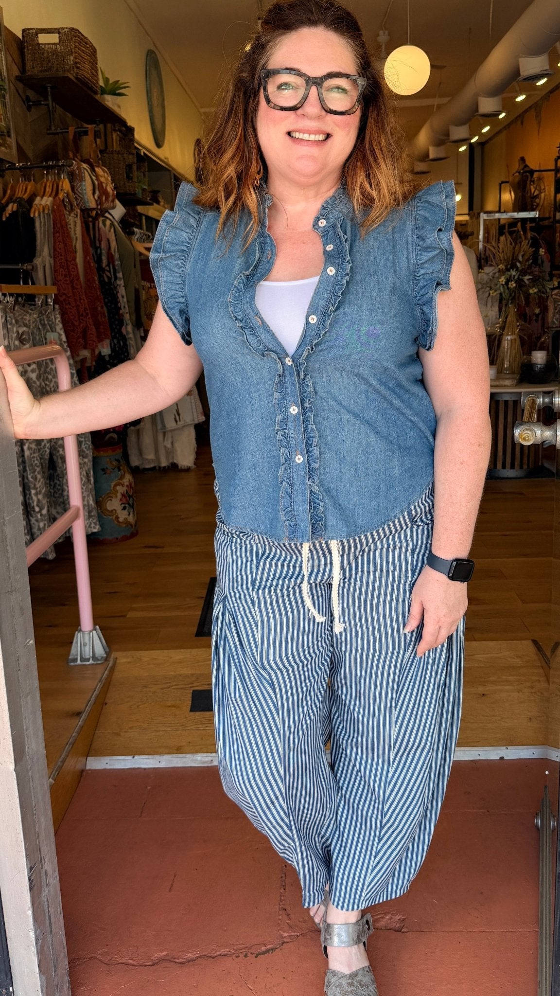 Dark Wash Striped Denim Drawstring Pants - Rebecca James Clothing