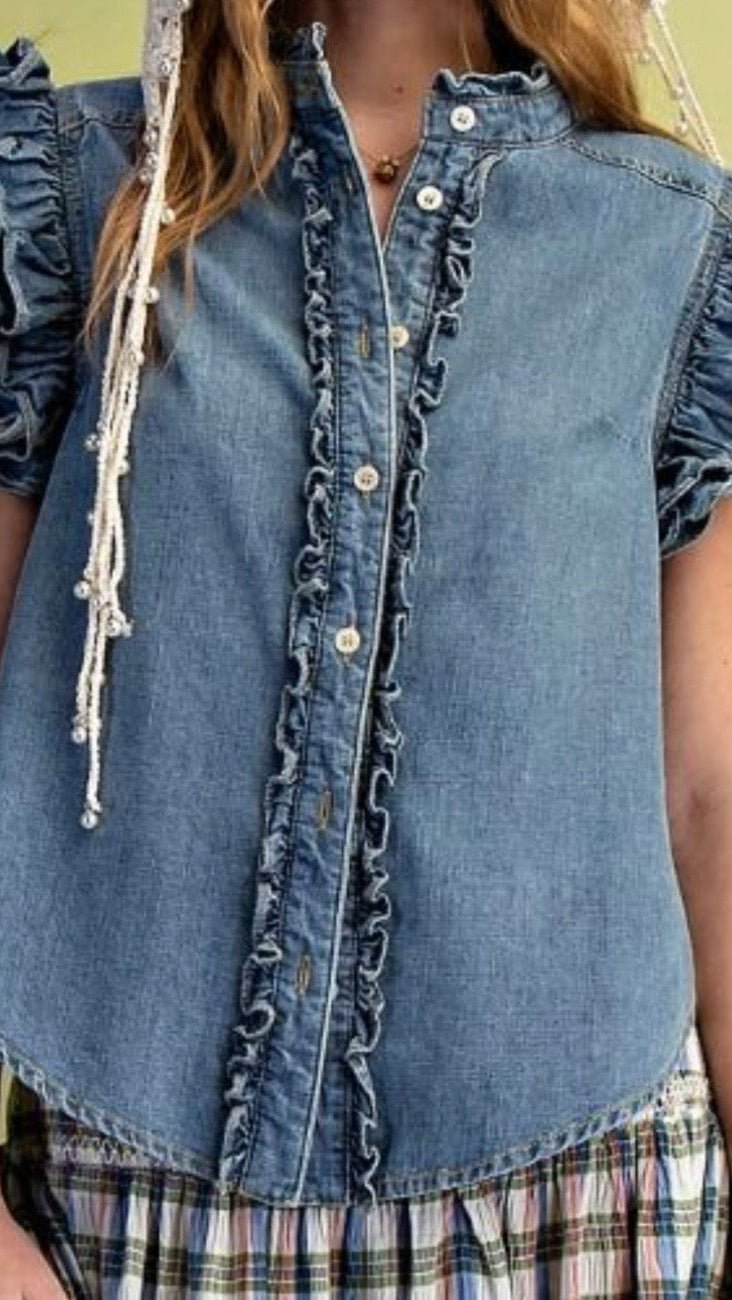 Denim Ruffle Detail Button Down Top - Rebecca James Clothing