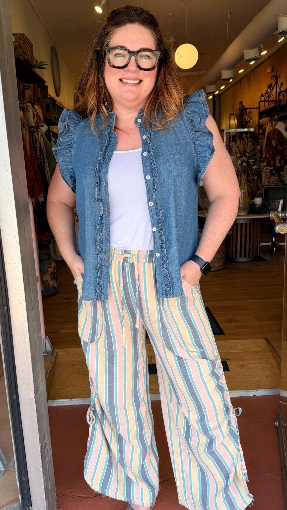 Denim Ruffle Detail Button Down Top - Rebecca James Clothing