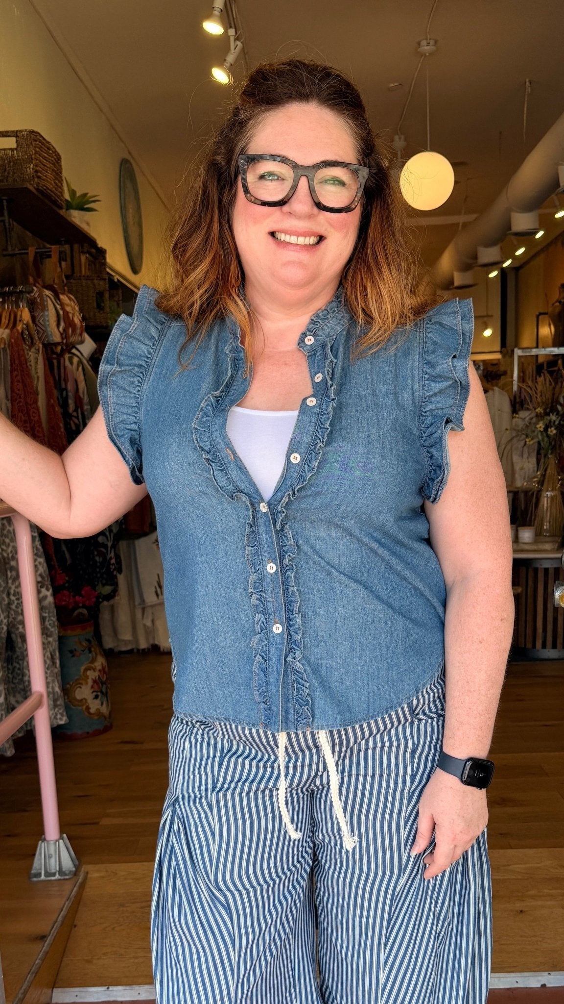 Denim Ruffle Detail Button Down Top - Rebecca James Clothing