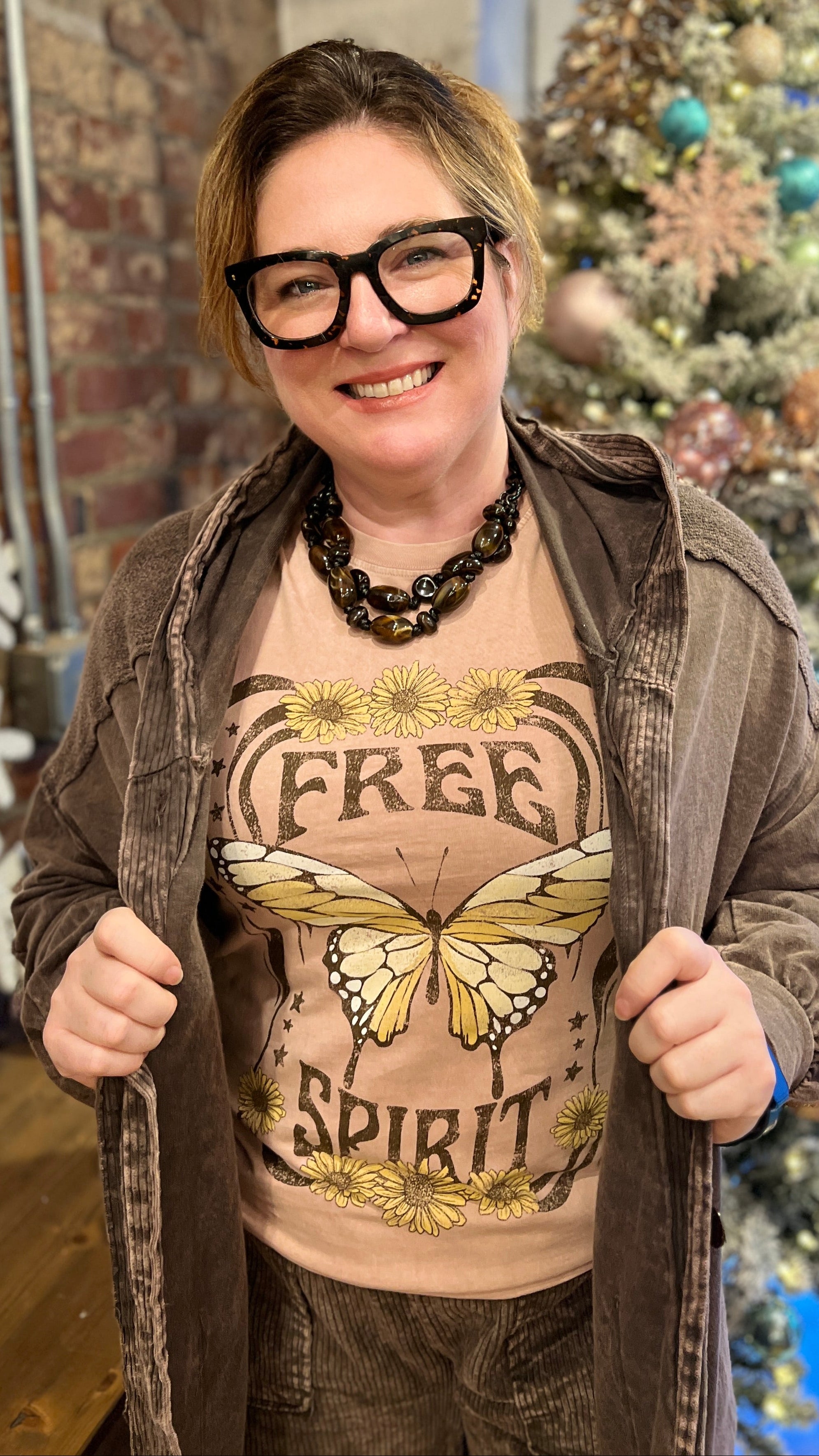 Pink boho graphic tee with butterfly