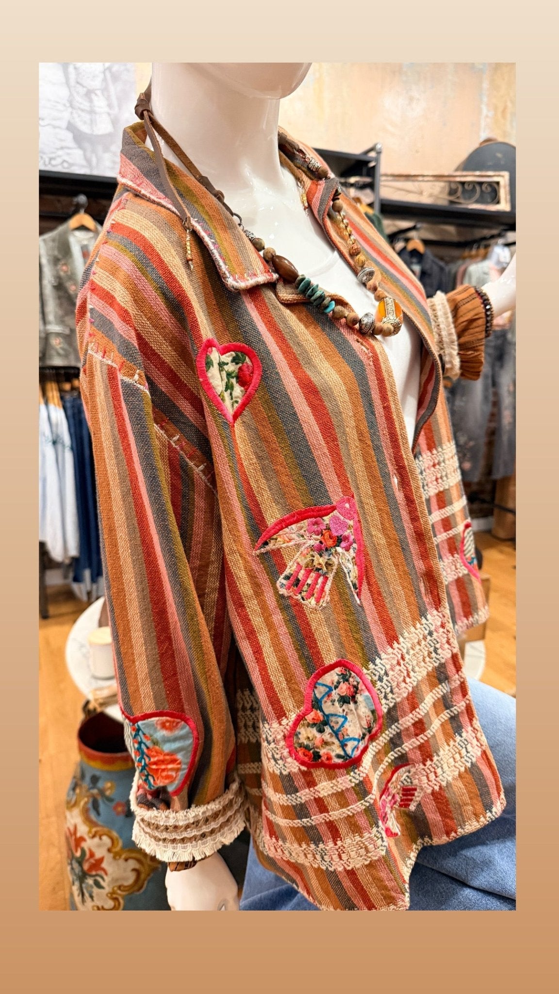 Embroidered Love Bird Striped Cotton Jacket - Rebecca James Clothing