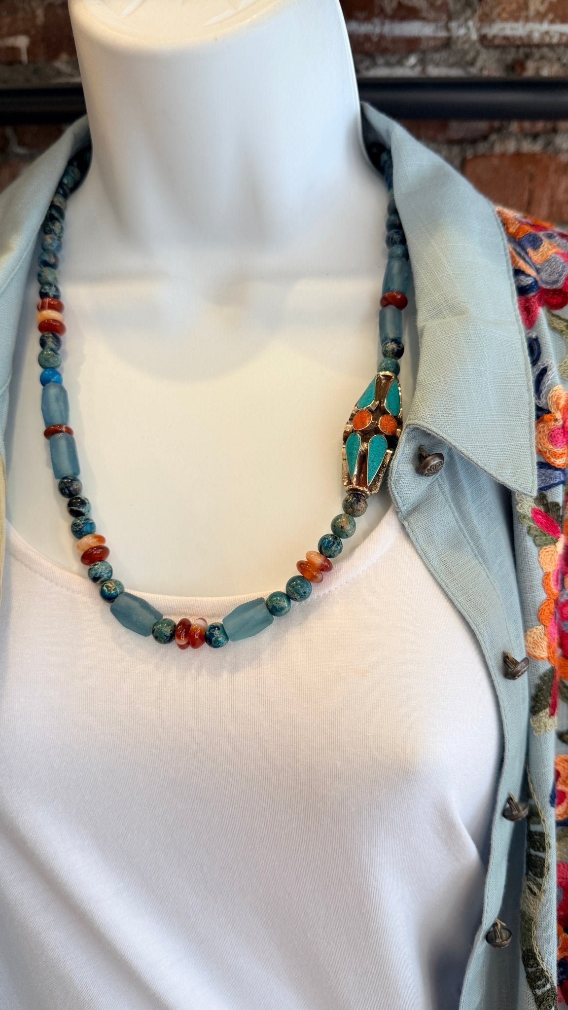 Evening Sky Jasper & Agate Necklace w/ Turquoise & Coral Accent by RJC - Rebecca James Clothing