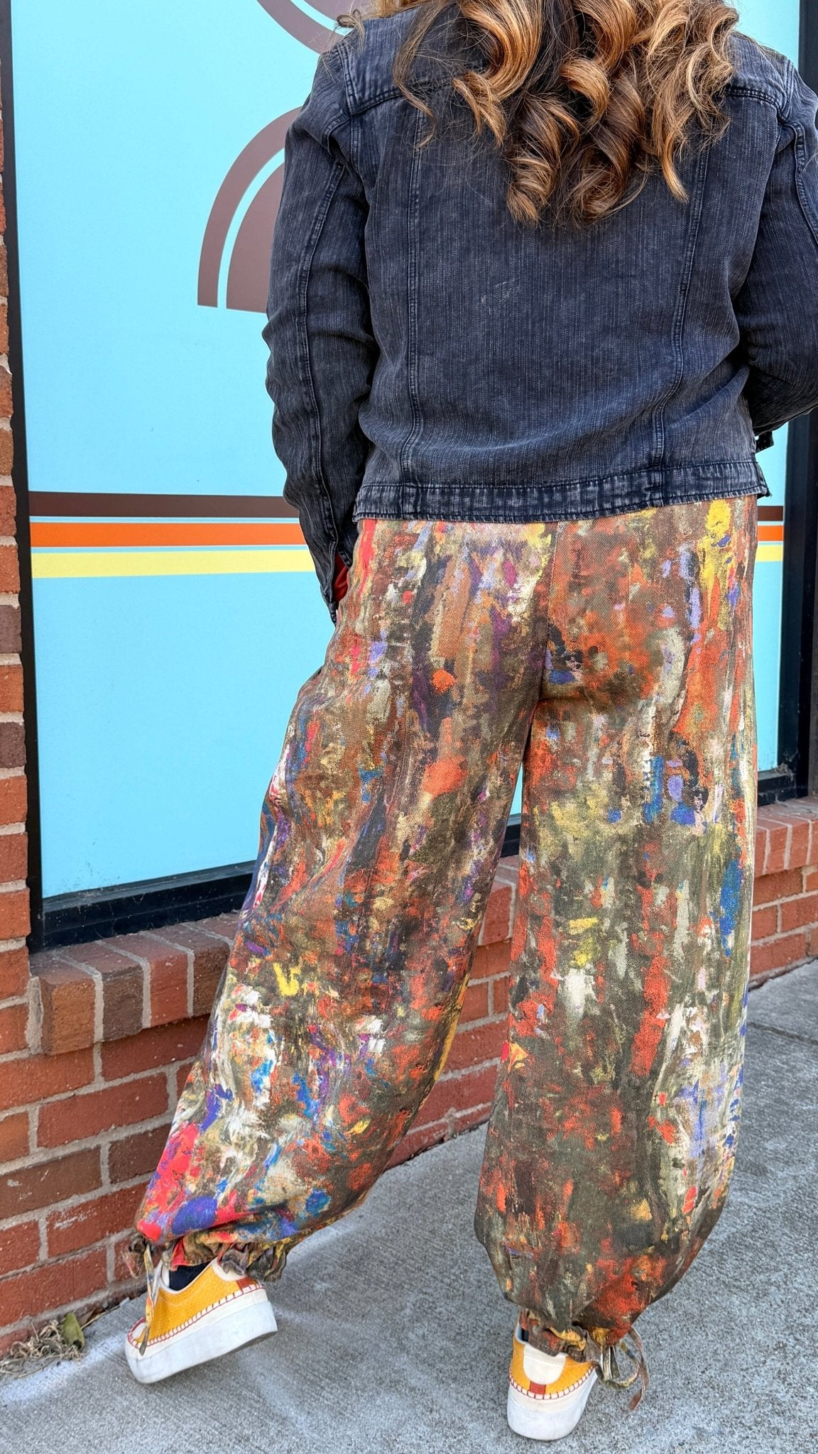 Fall Abstract Paint Wide Leg Cargo Pants – Artistic High-Waist Printed Denim - Rebecca James Clothing