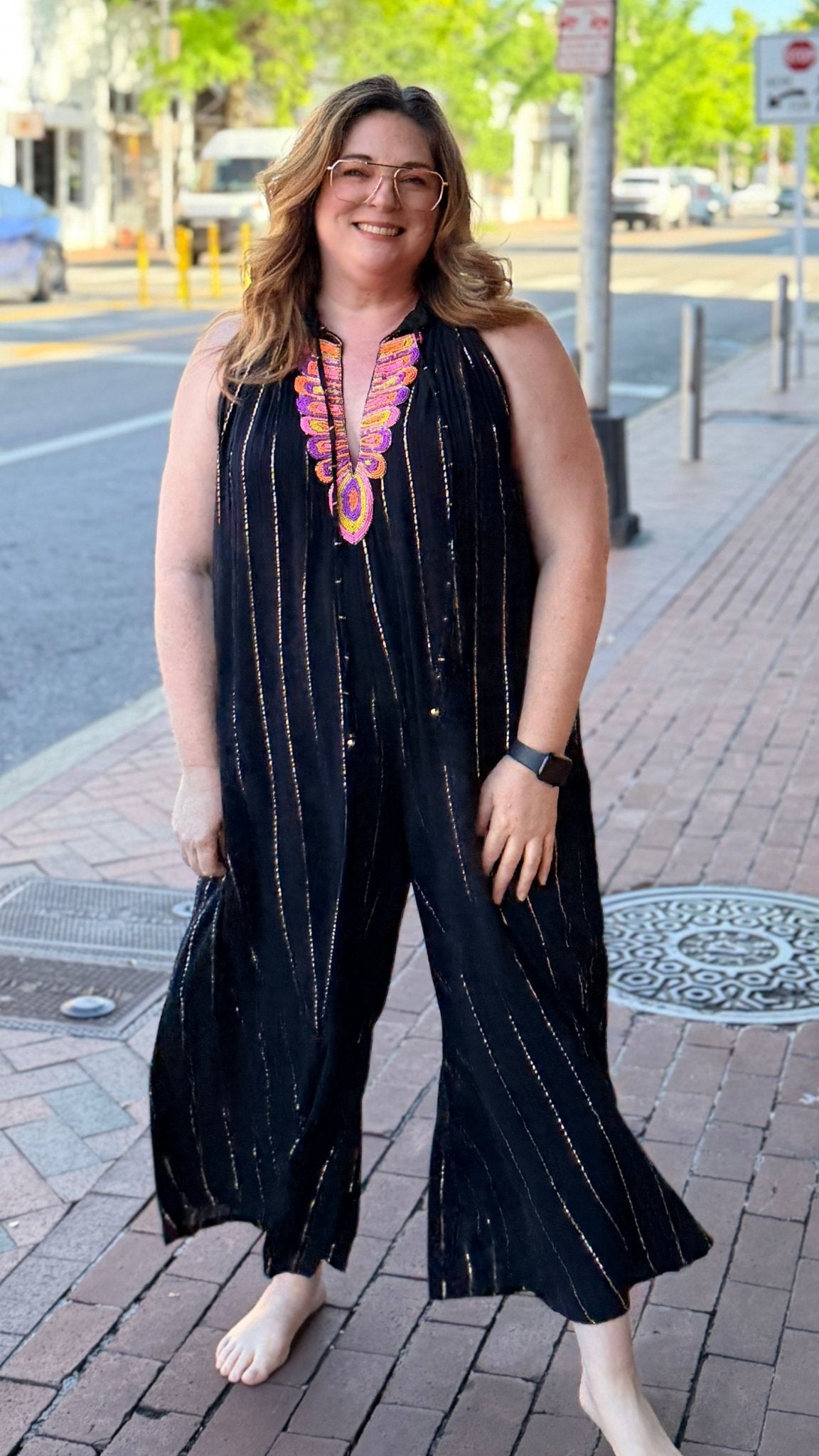 Festival Nights Black V Neck Beaded Jumpsuit - Rebecca James Clothing