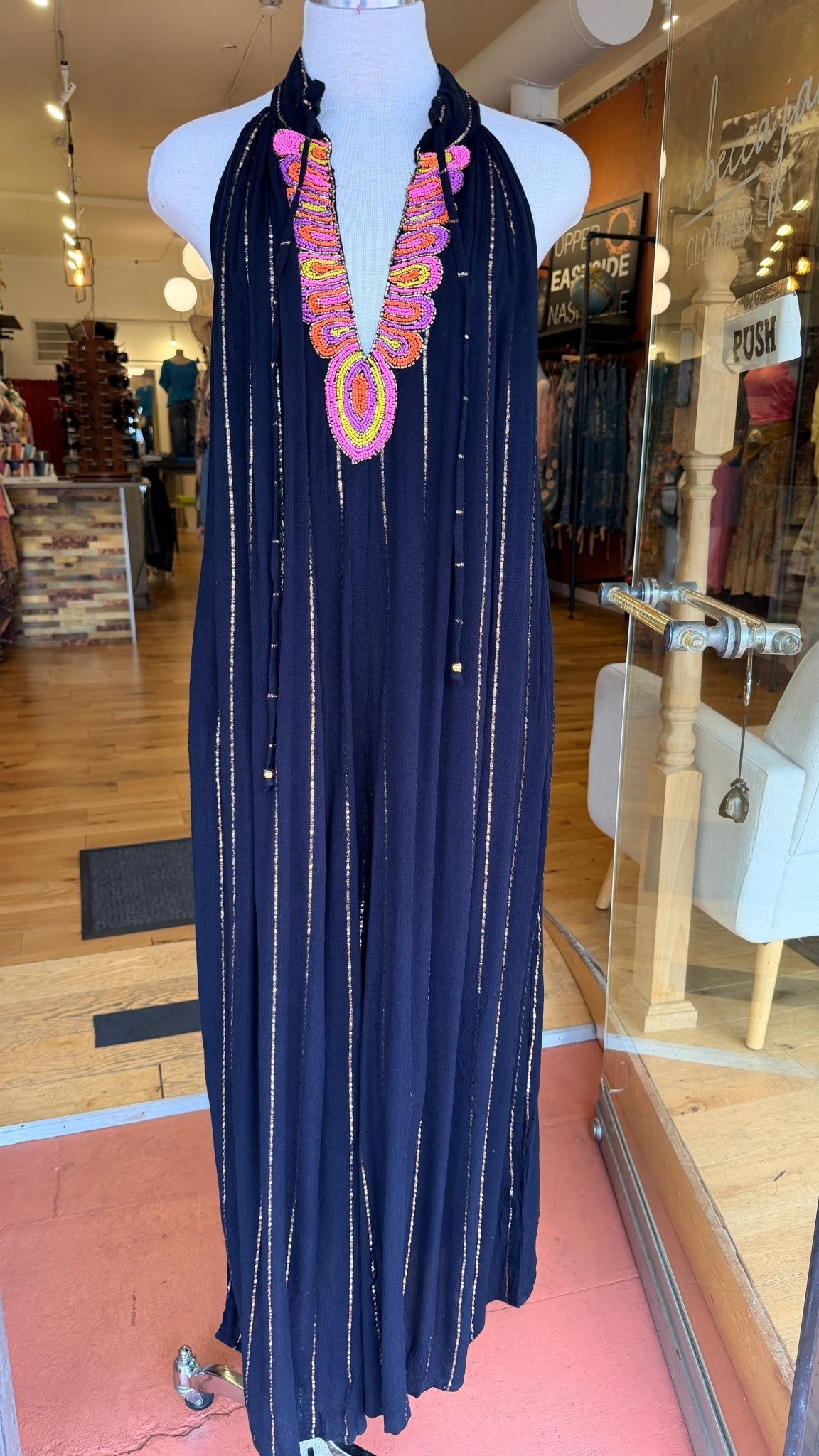 Festival Nights Black V Neck Beaded Jumpsuit - Rebecca James Clothing