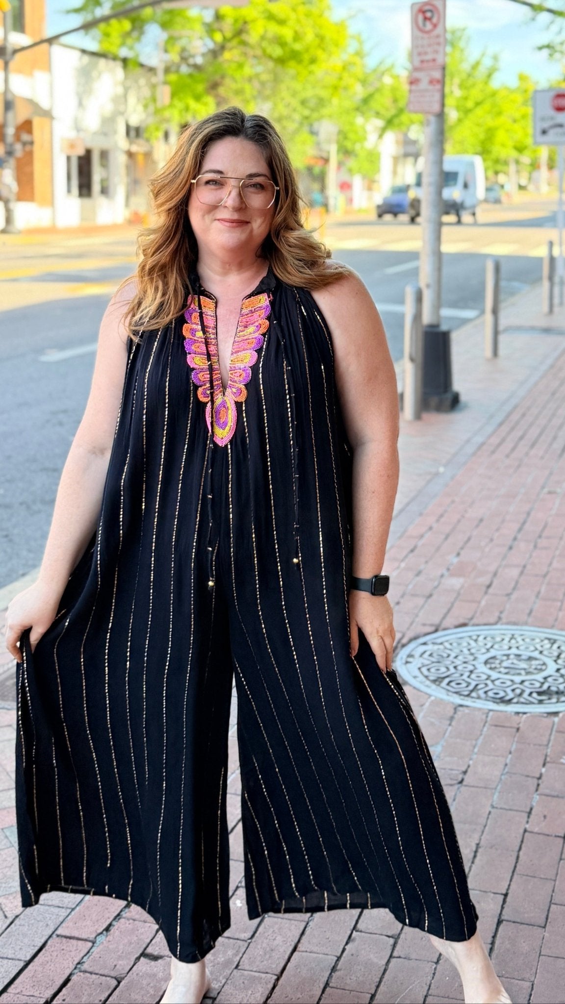 Festival Nights Black V Neck Beaded Jumpsuit - Rebecca James Clothing