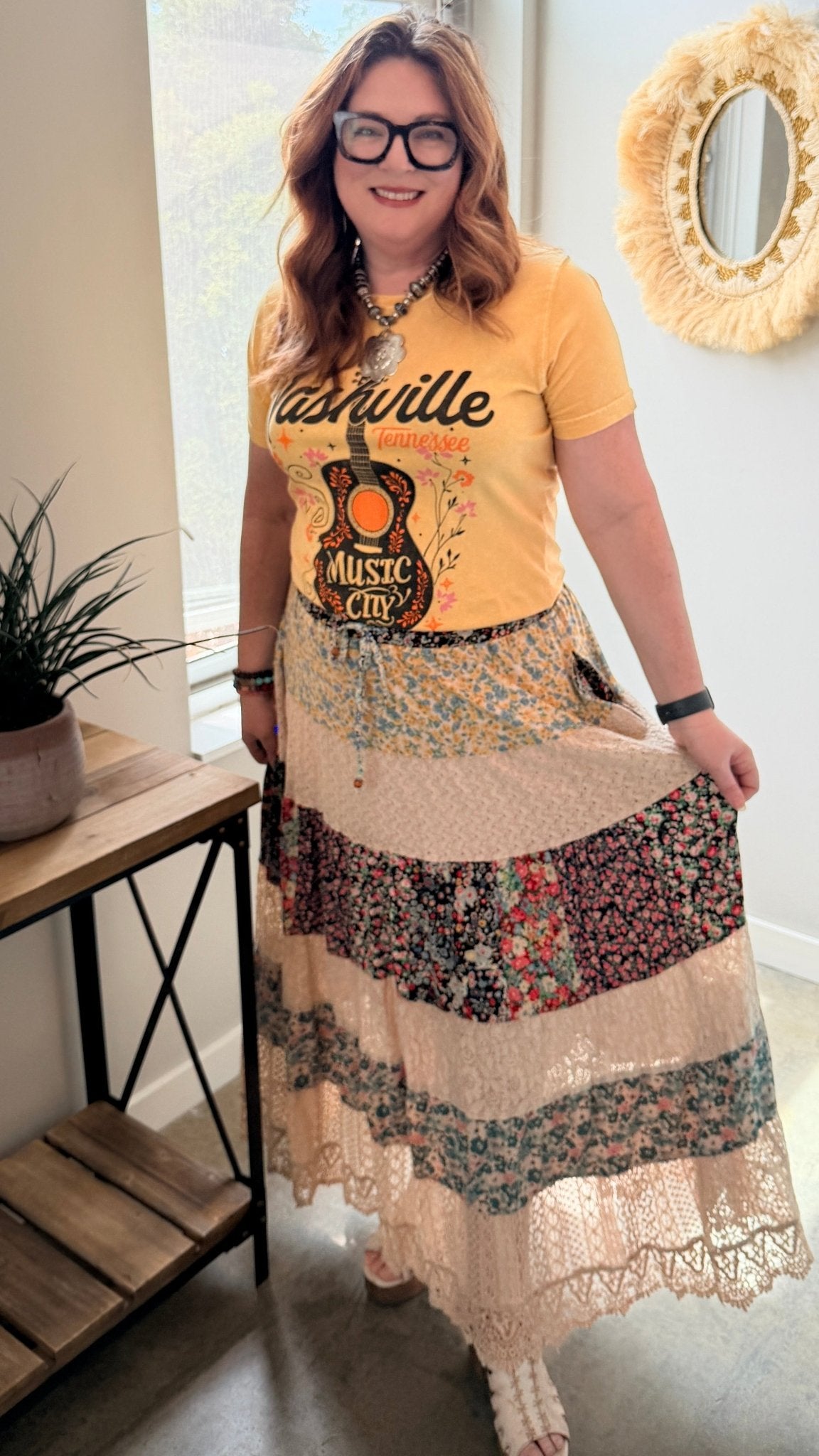 Floral and Lace Flowy Tiered Maxi Skirt - Rebecca James Clothing