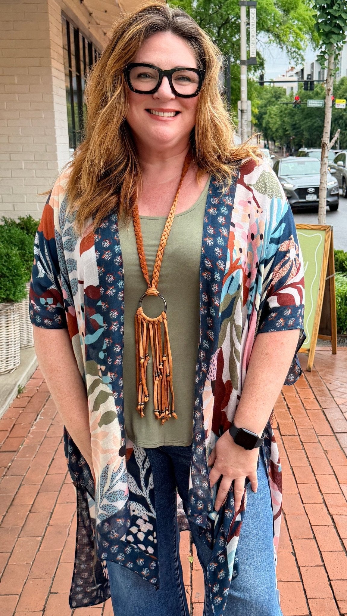 Floral Botanical Navy Trim Boho Kimono Wrap - Rebecca James Clothing