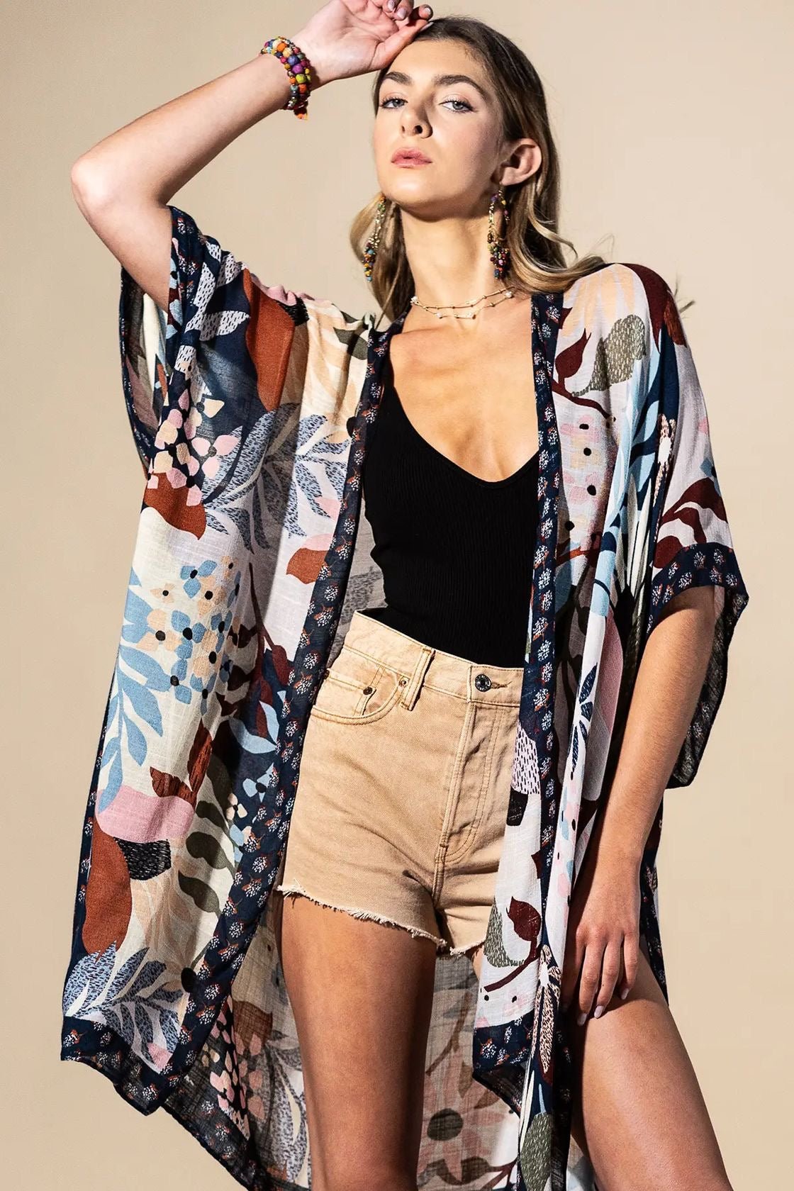 Floral Botanical Navy Trim Boho Kimono Wrap - Rebecca James Clothing