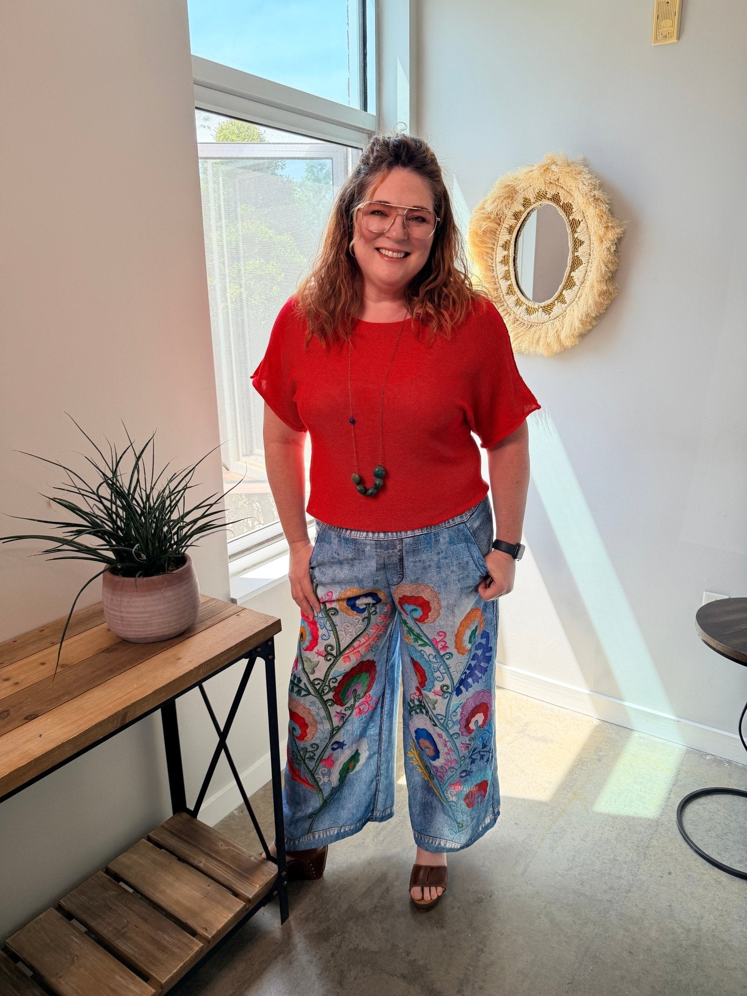 Flower Vine Artistic Printed Wide - Leg Pants - Rebecca James Clothing