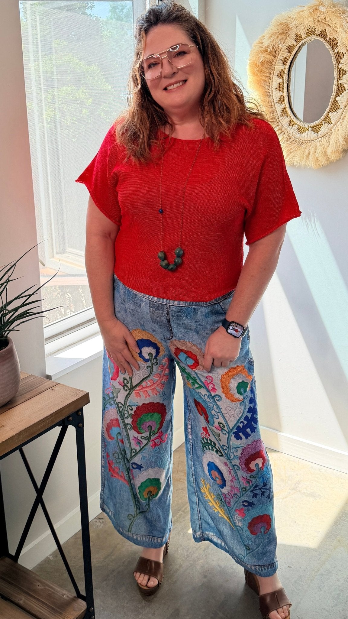 Flower Vine Artistic Printed Wide - Leg Pants - Rebecca James Clothing