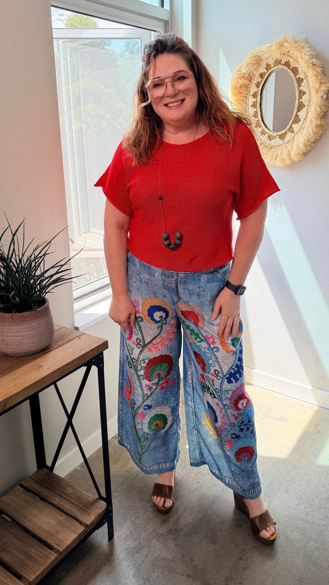 Flower Vine Artistic Printed Wide - Leg Pants - Rebecca James Clothing