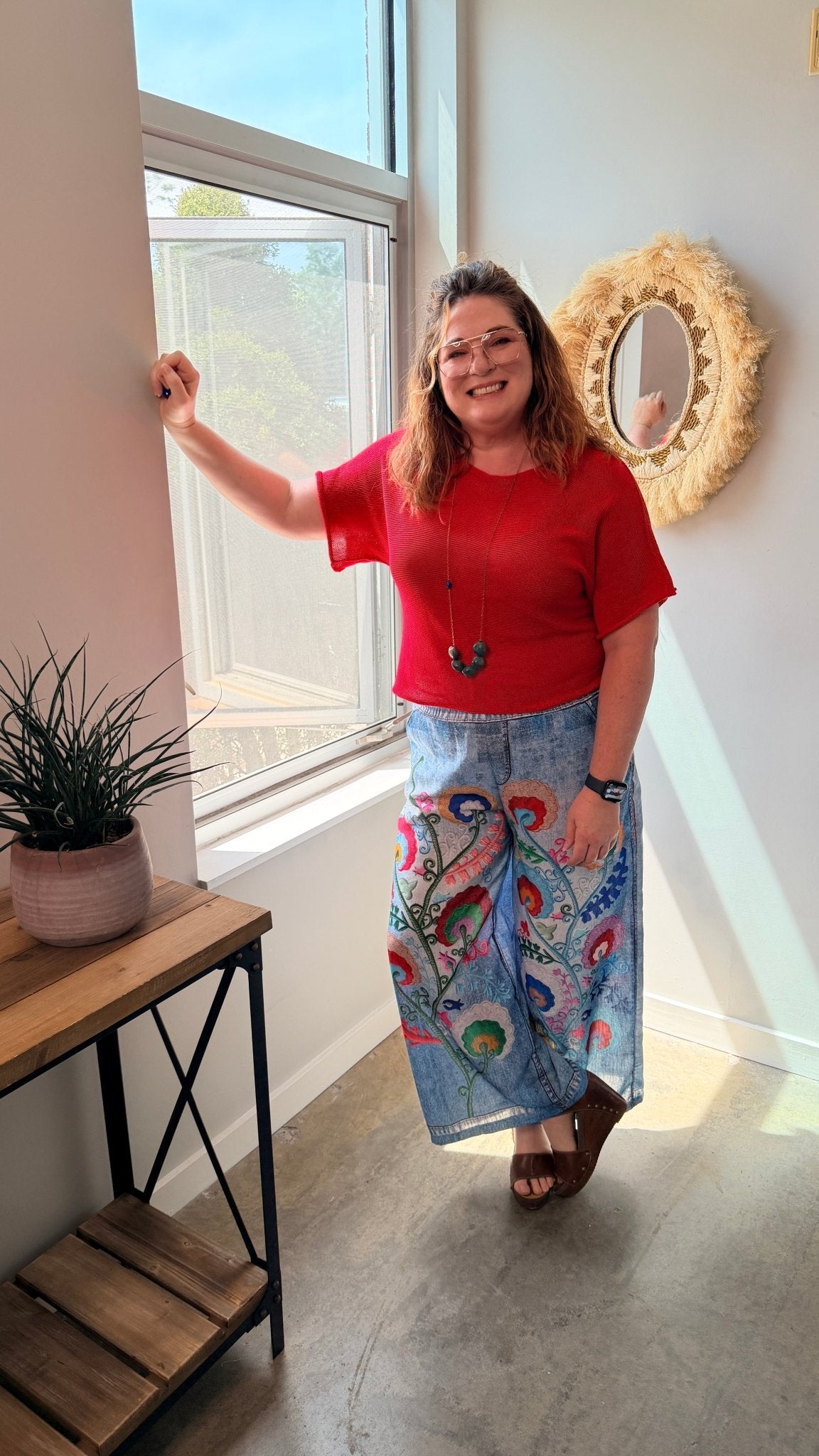 Flower Vine Artistic Printed Wide - Leg Pants - Rebecca James Clothing