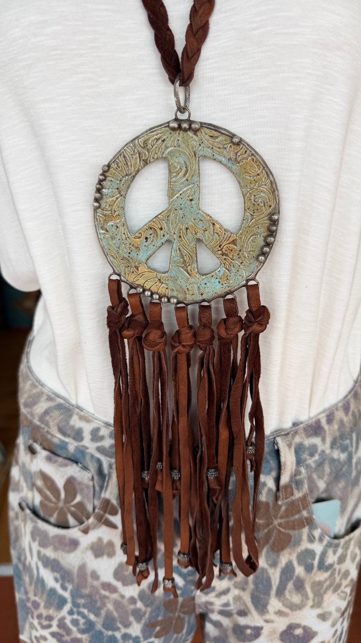 Funky Pottery Peace Sign Leather Boho Necklace - Rebecca James Clothing