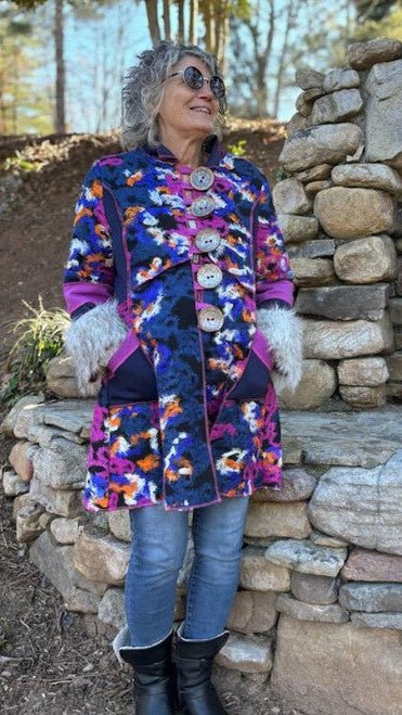 Fur Cuff Rainbow Storyteller Coat by Hand Jive - Rebecca James Clothing