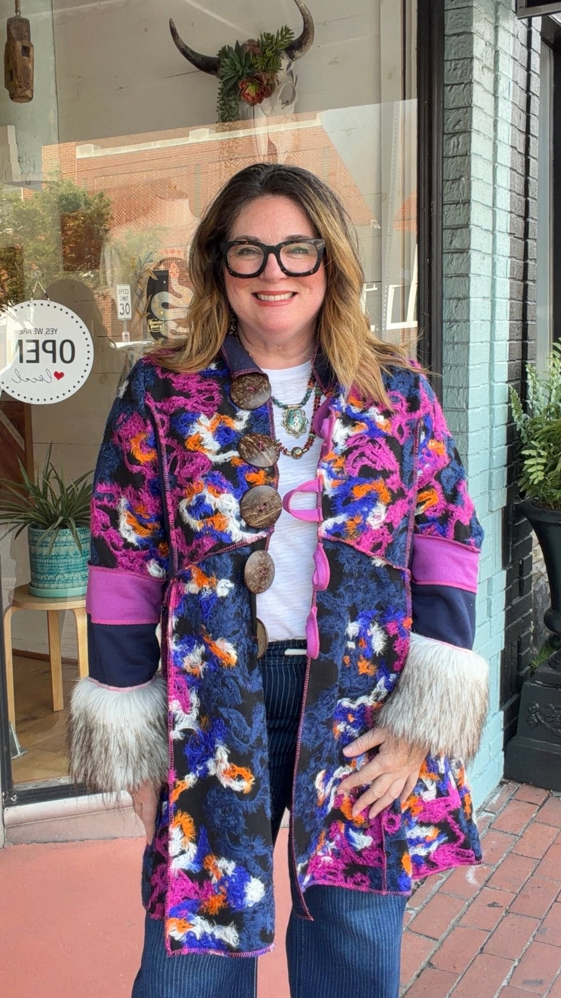 Fur Cuff Rainbow Storyteller Coat by Hand Jive - Rebecca James Clothing