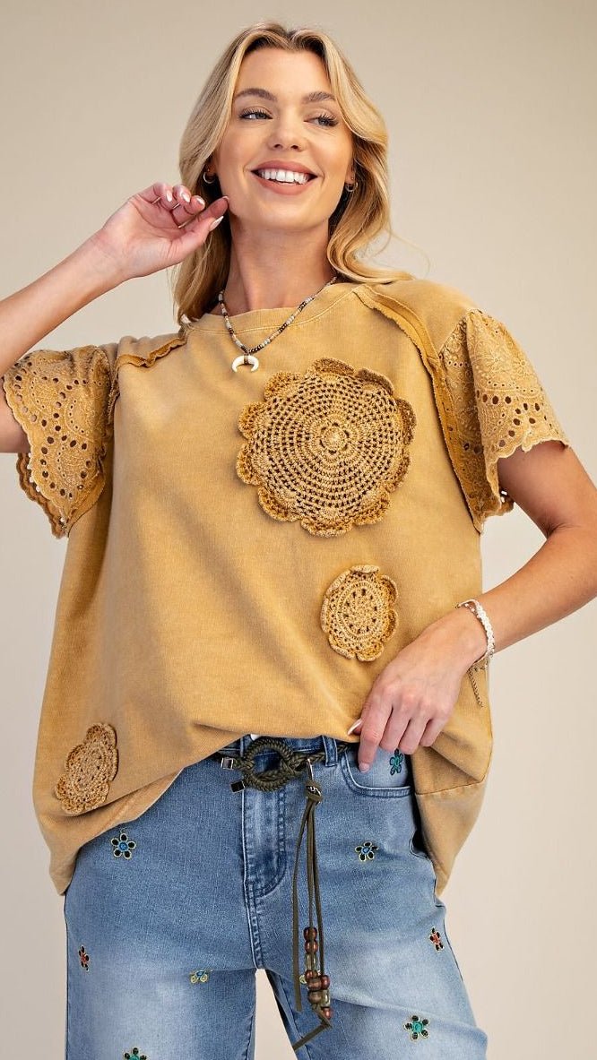 Golden Brown Crochet Patchwork Cotton Top - Rebecca James Clothing