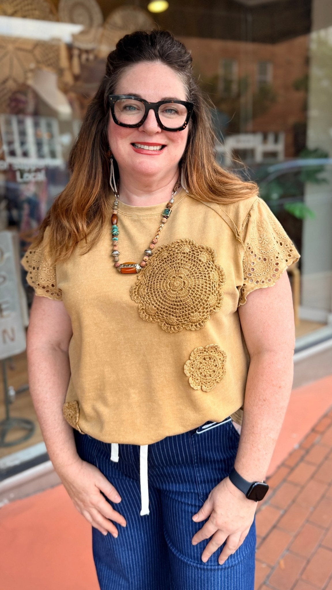 Golden Brown Crochet Patchwork Cotton Top - Rebecca James Clothing