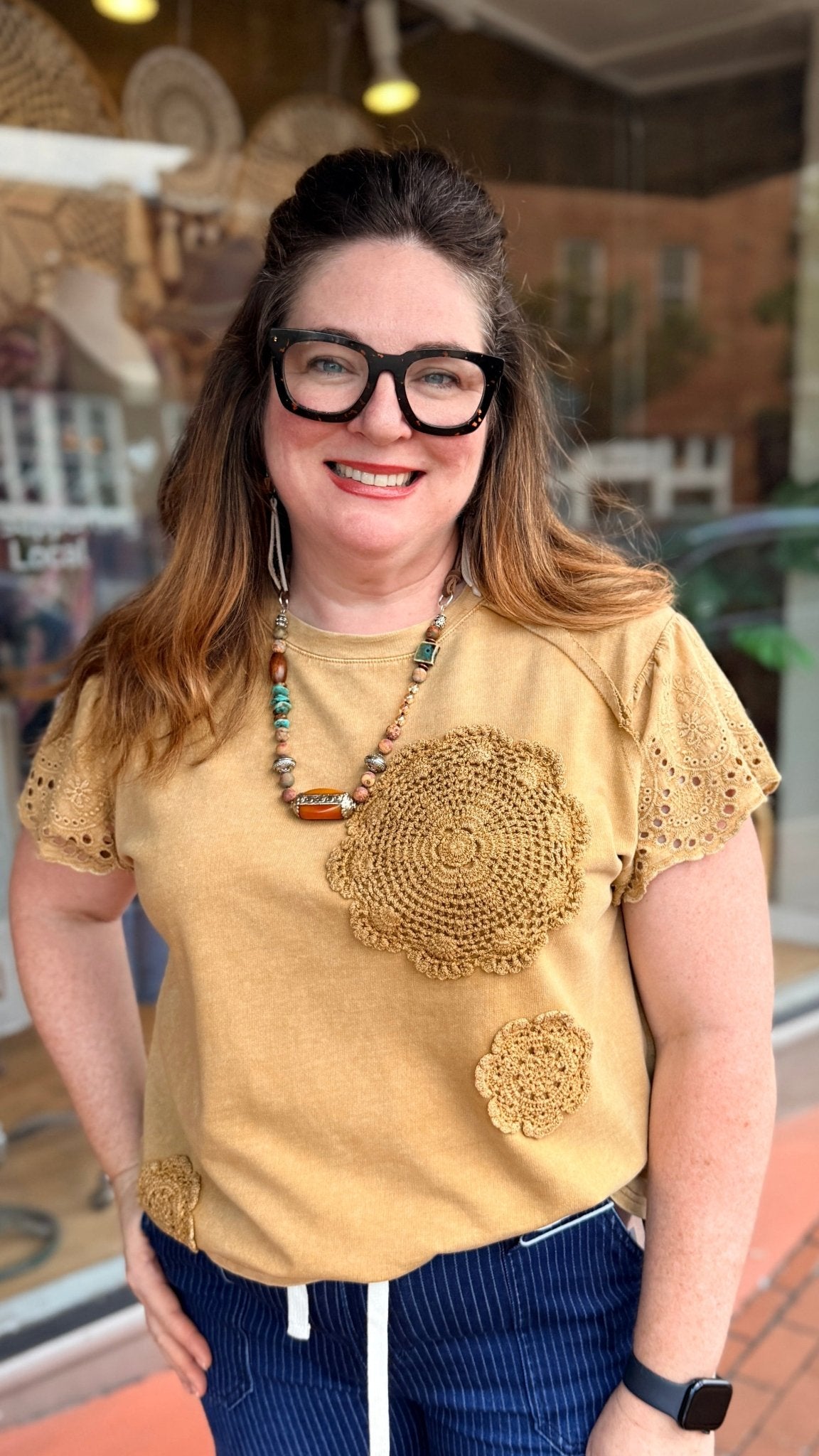 Golden Brown Crochet Patchwork Cotton Top - Rebecca James Clothing