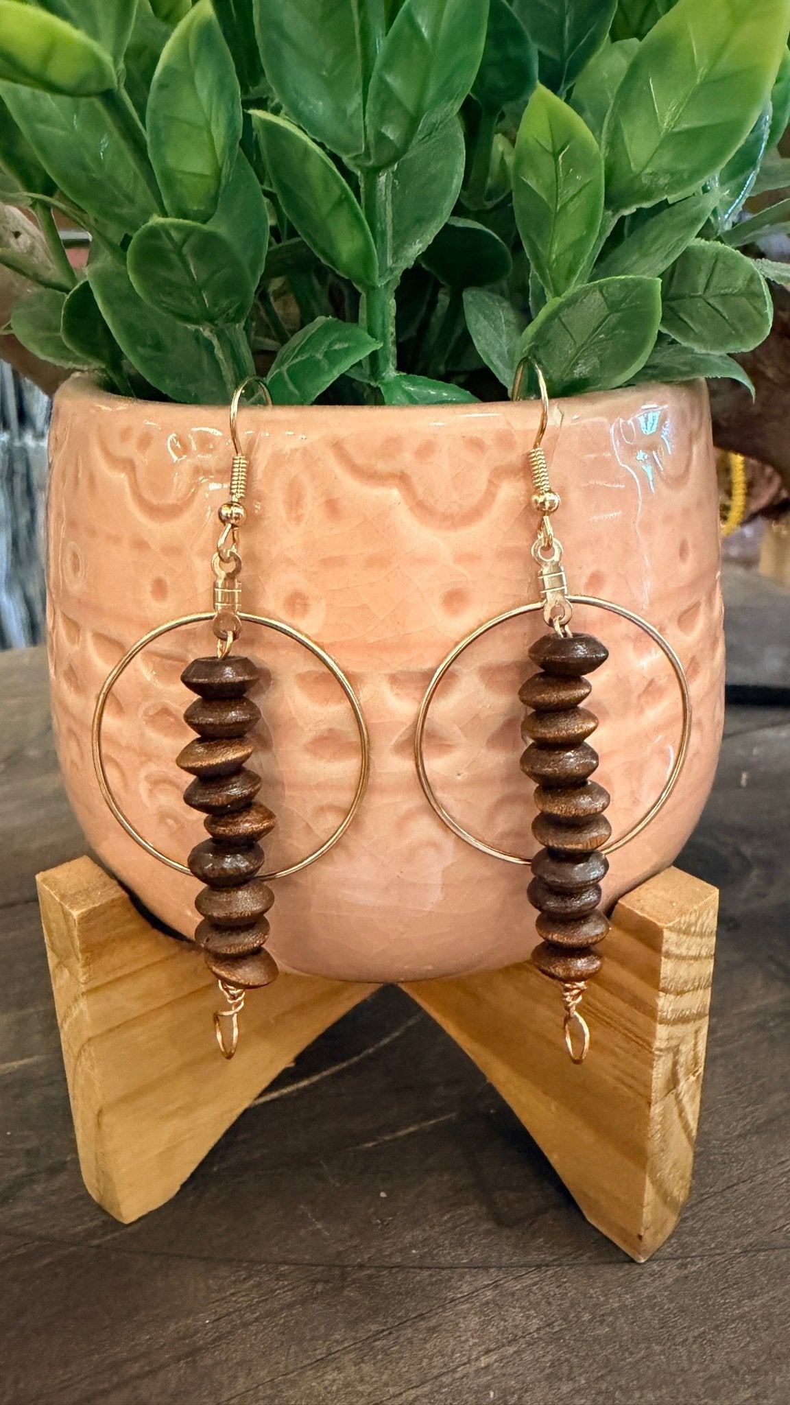 Golden Hoop Earrings with Wooden Bead Dangle by RJC - Rebecca James Clothing