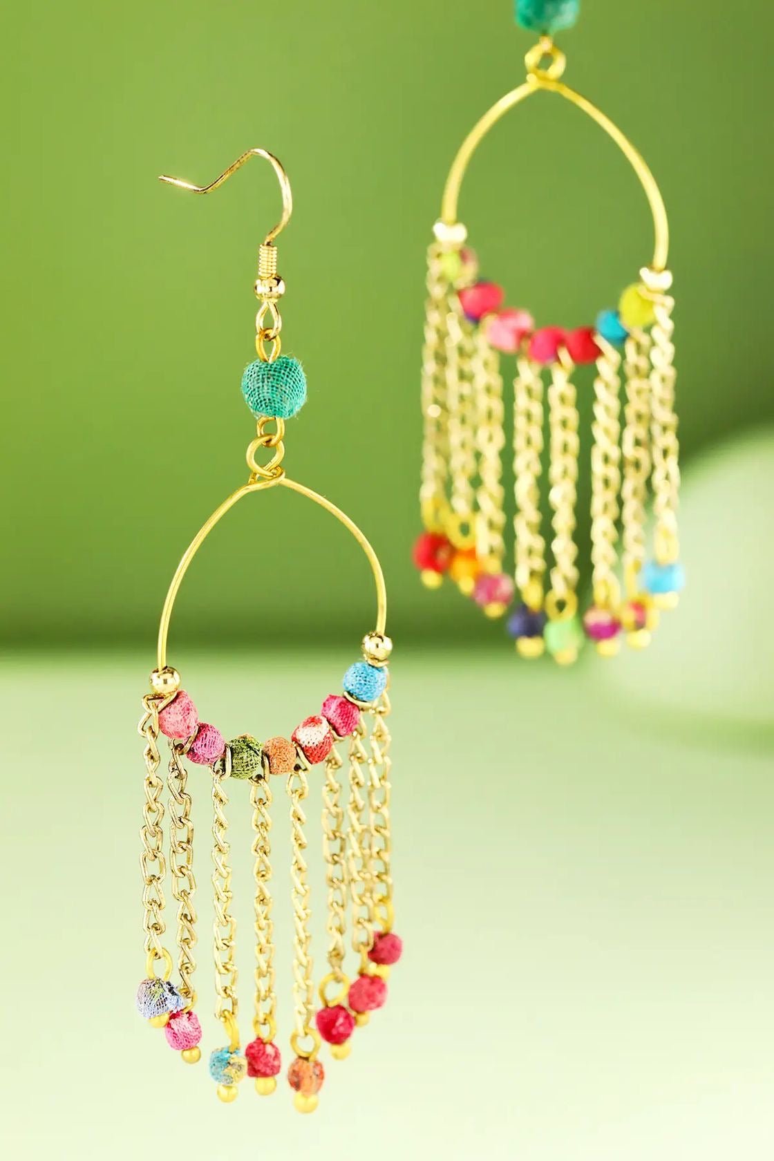Handmade Dangle Hoop Earrings With Cotton Beads - Rebecca James Clothing