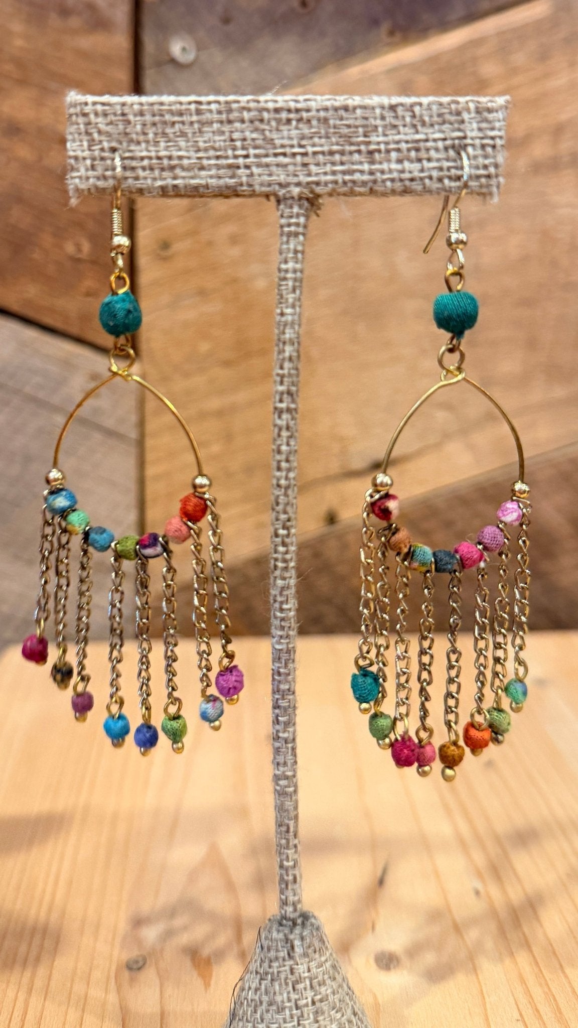 Handmade Dangle Hoop Earrings With Cotton Beads - Rebecca James Clothing