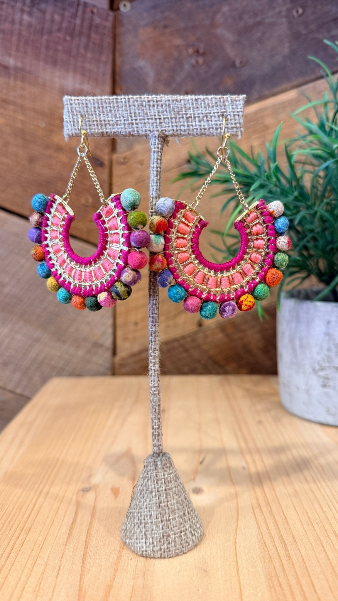 Handmade Magenta & Gold Cotton Bead Earrings - Rebecca James Clothing