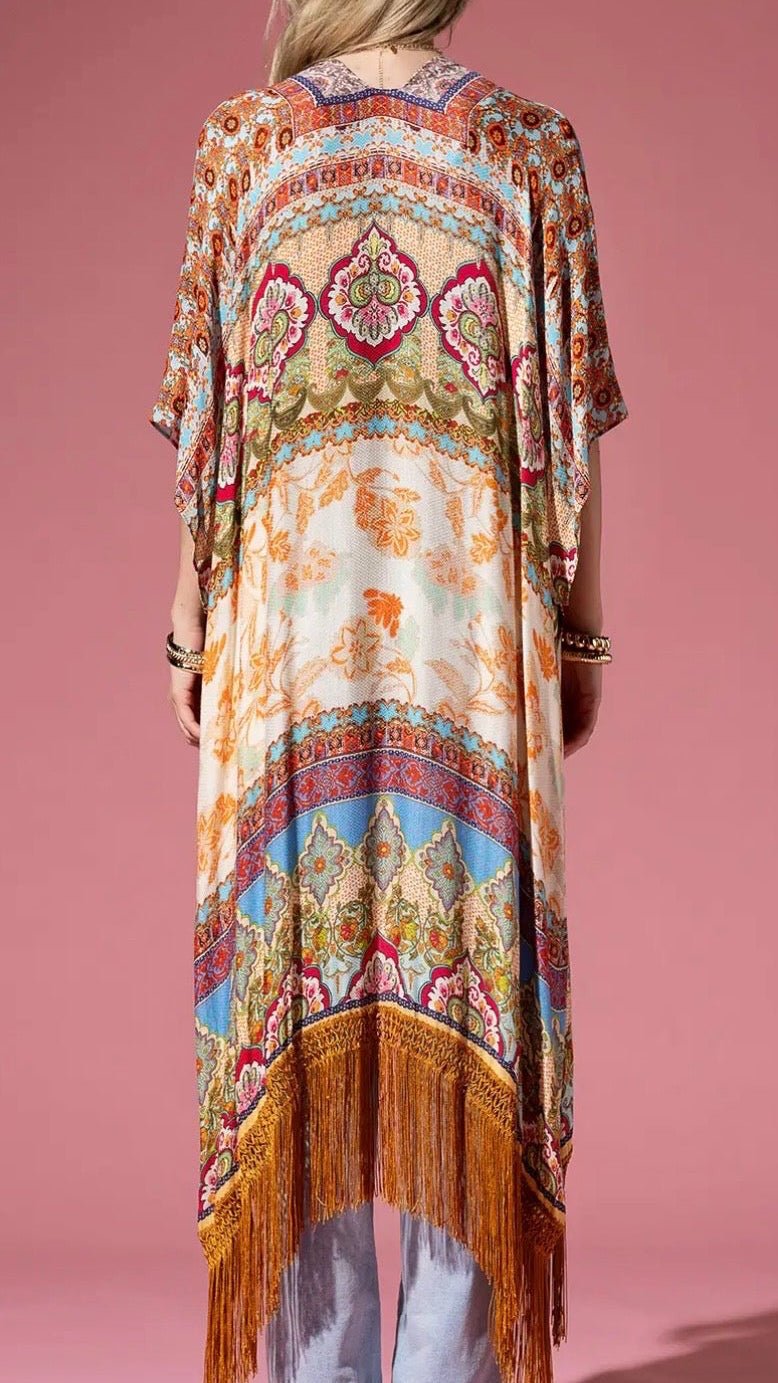 Hint Of Fall Colorful Fringe Kimono Wrap - Rebecca James Clothing