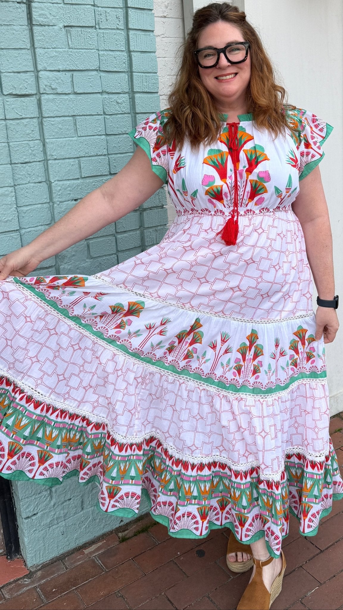 Isla Tropical Cotton Block Print Maxi Dress with Flutter Sleeves - Rebecca James Clothing