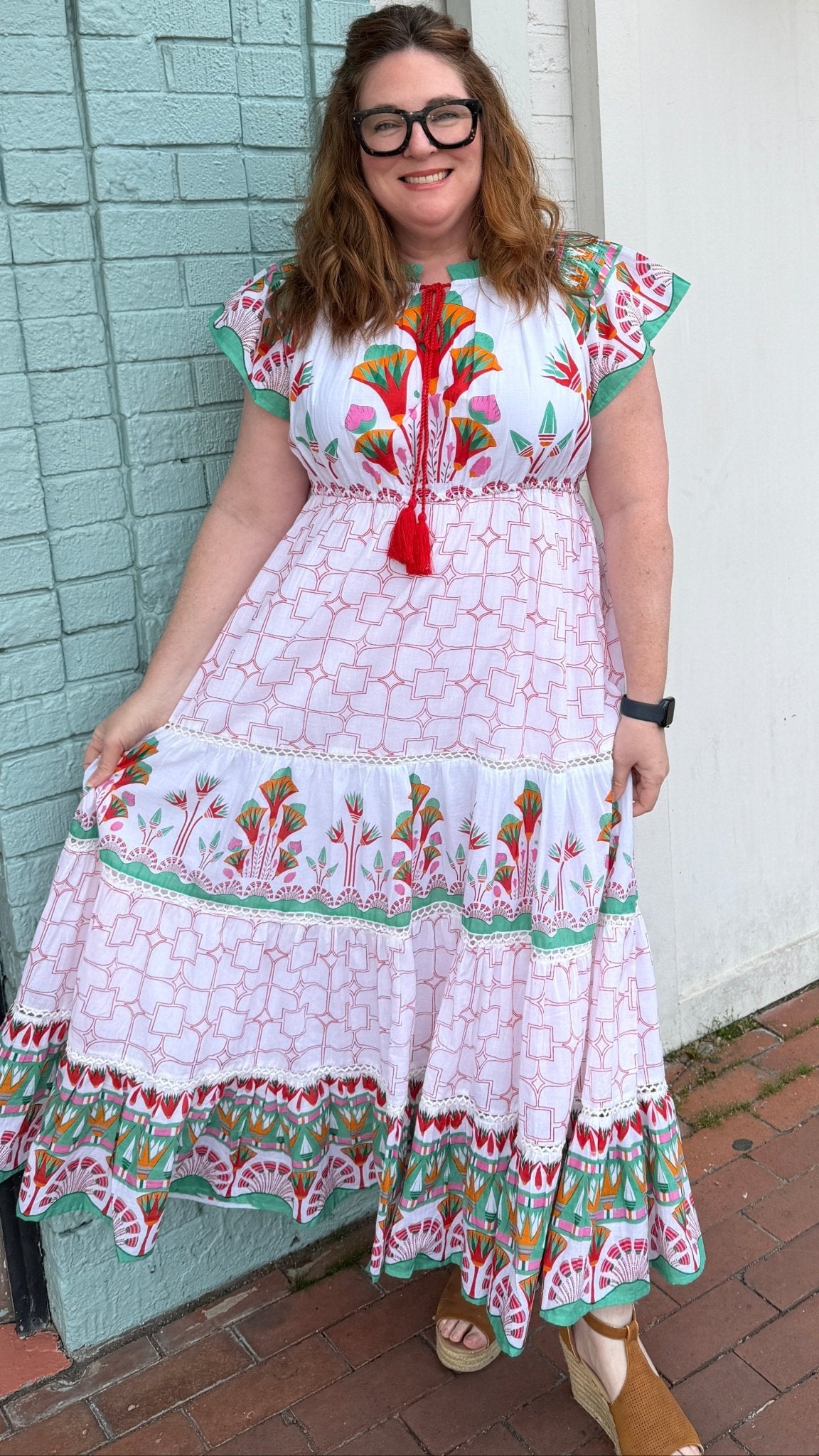 Isla Tropical Cotton Block Print Maxi Dress with Flutter Sleeves - Rebecca James Clothing