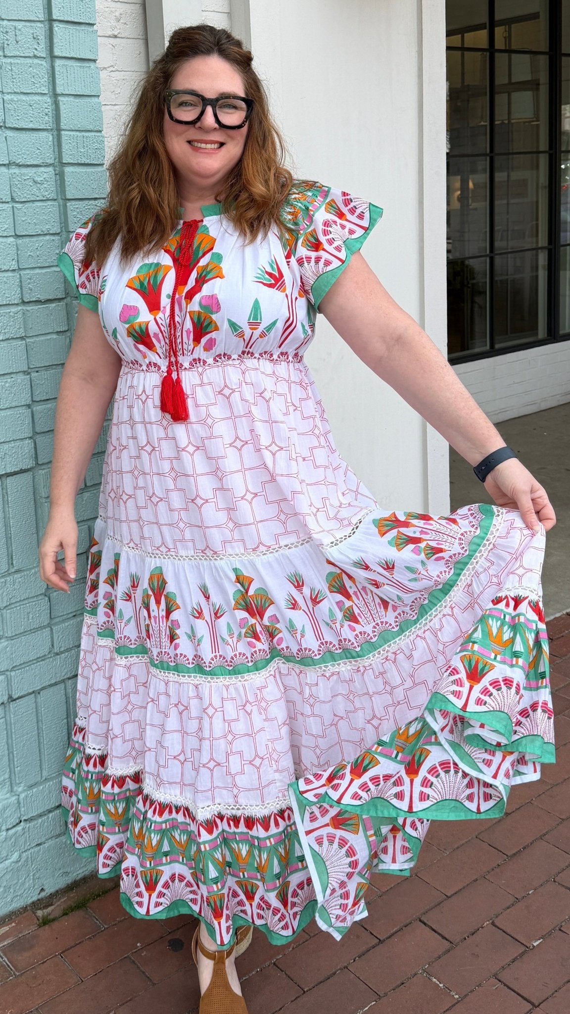 Isla Tropical Cotton Block Print Maxi Dress with Flutter Sleeves - Rebecca James Clothing