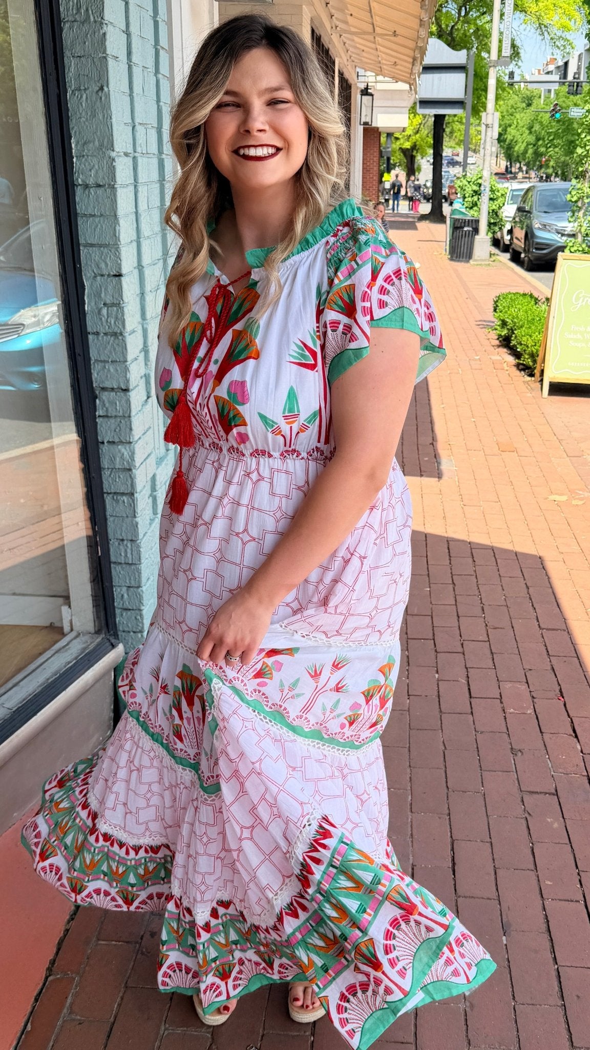 Isla Tropical Cotton Block Print Maxi Dress with Flutter Sleeves - Rebecca James Clothing