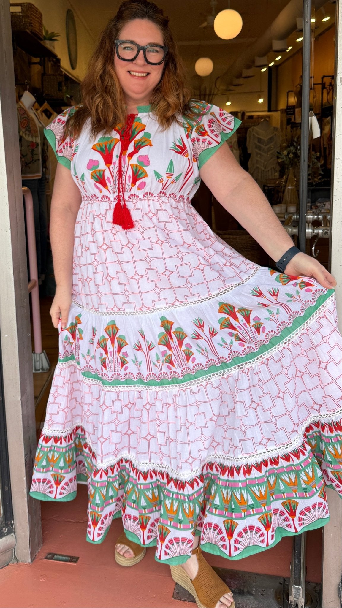 Isla Tropical Cotton Block Print Maxi Dress with Flutter Sleeves - Rebecca James Clothing