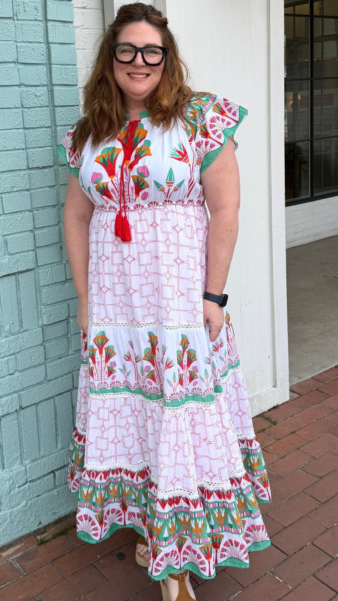 Isla Tropical Cotton Block Print Maxi Dress with Flutter Sleeves - Rebecca James Clothing