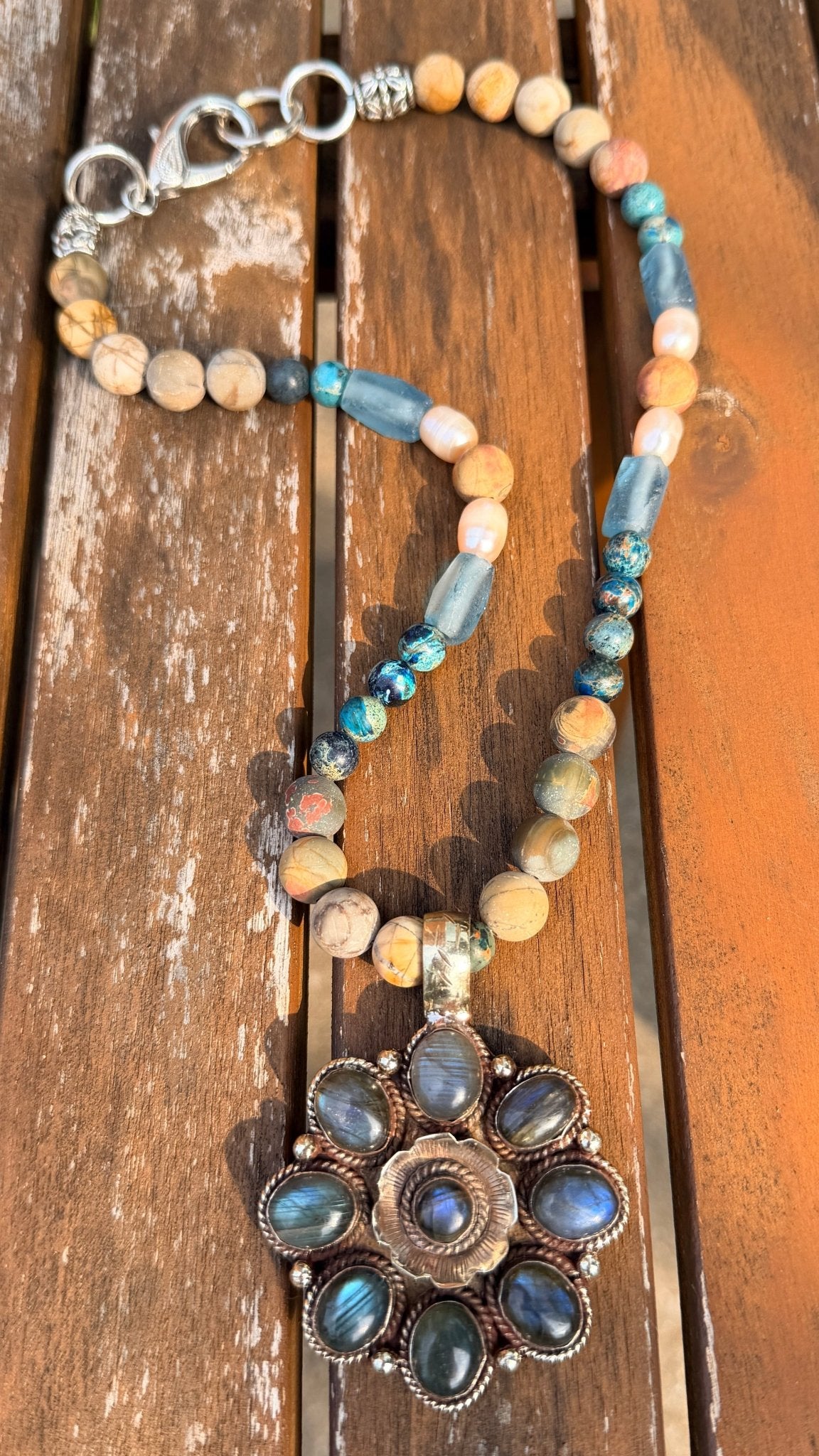 Jasper & Pearl Beaded Necklace w/ Labradorite Pendant by RJC - Rebecca James Clothing
