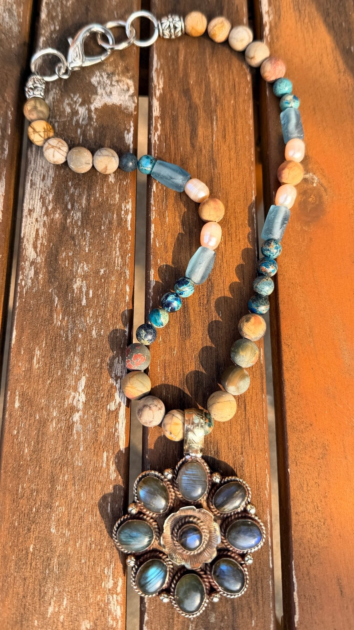 Jasper & Pearl Beaded Necklace w/ Labradorite Pendant by RJC - Rebecca James Clothing