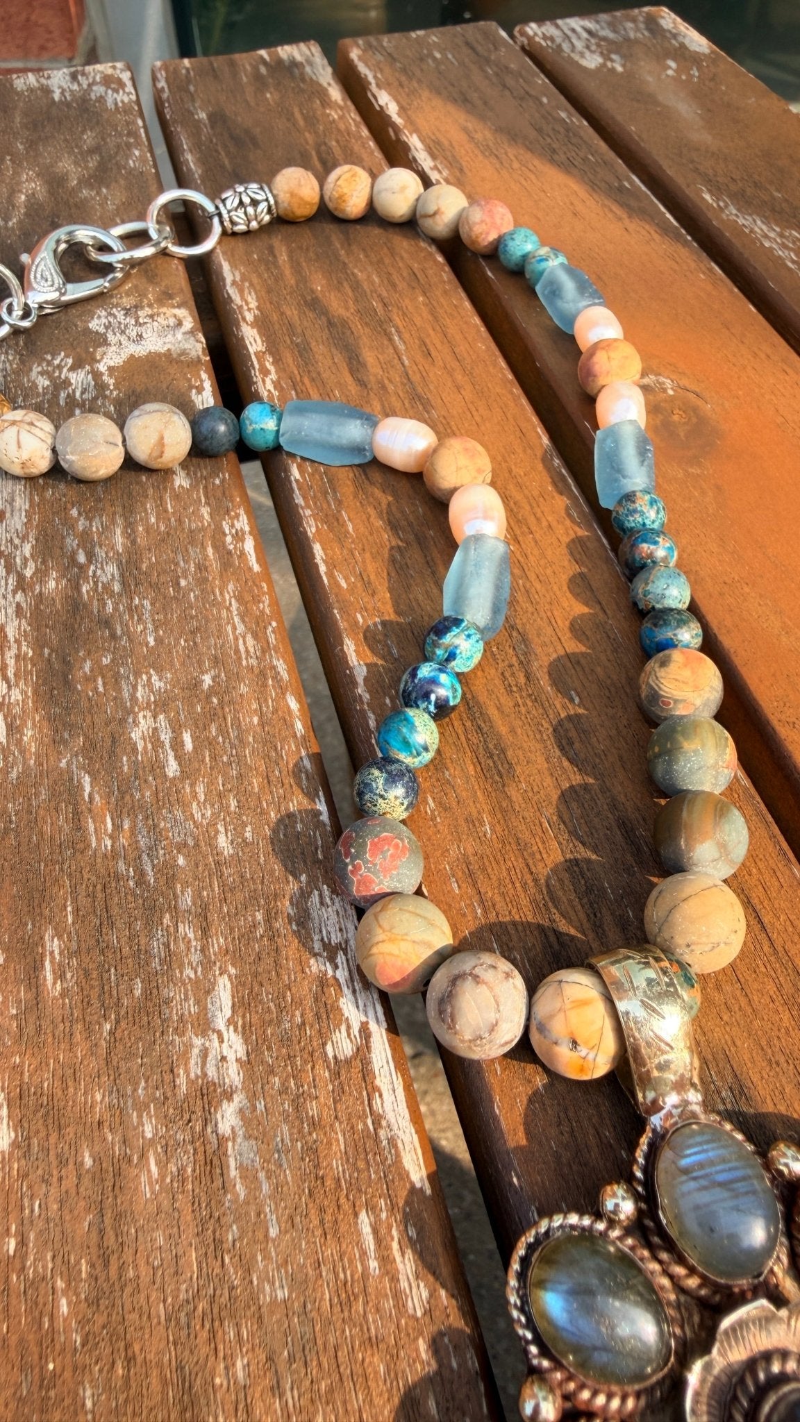 Jasper & Pearl Beaded Necklace w/ Labradorite Pendant by RJC - Rebecca James Clothing