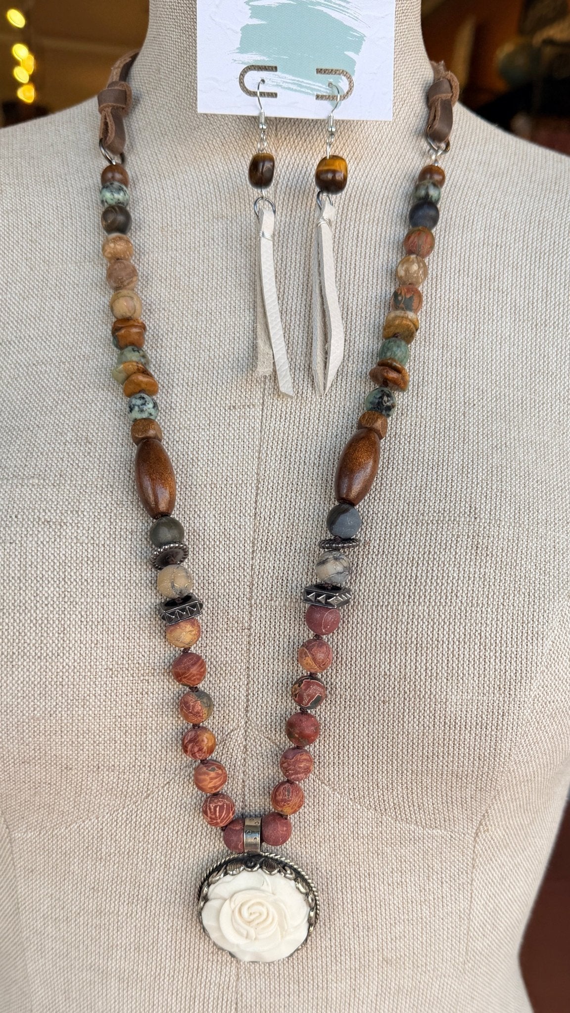 Jasper & Turquoise Necklace with Carved Rose Pendant by RJC - Rebecca James Clothing
